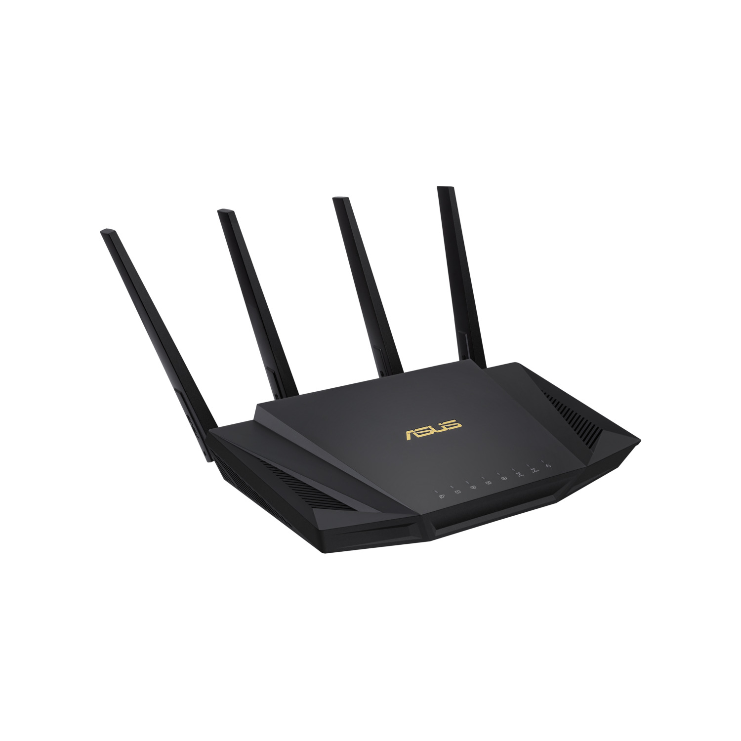 A black ASUS router with 4 antennas. The router has indicator lights and the ASUS logo in gold.