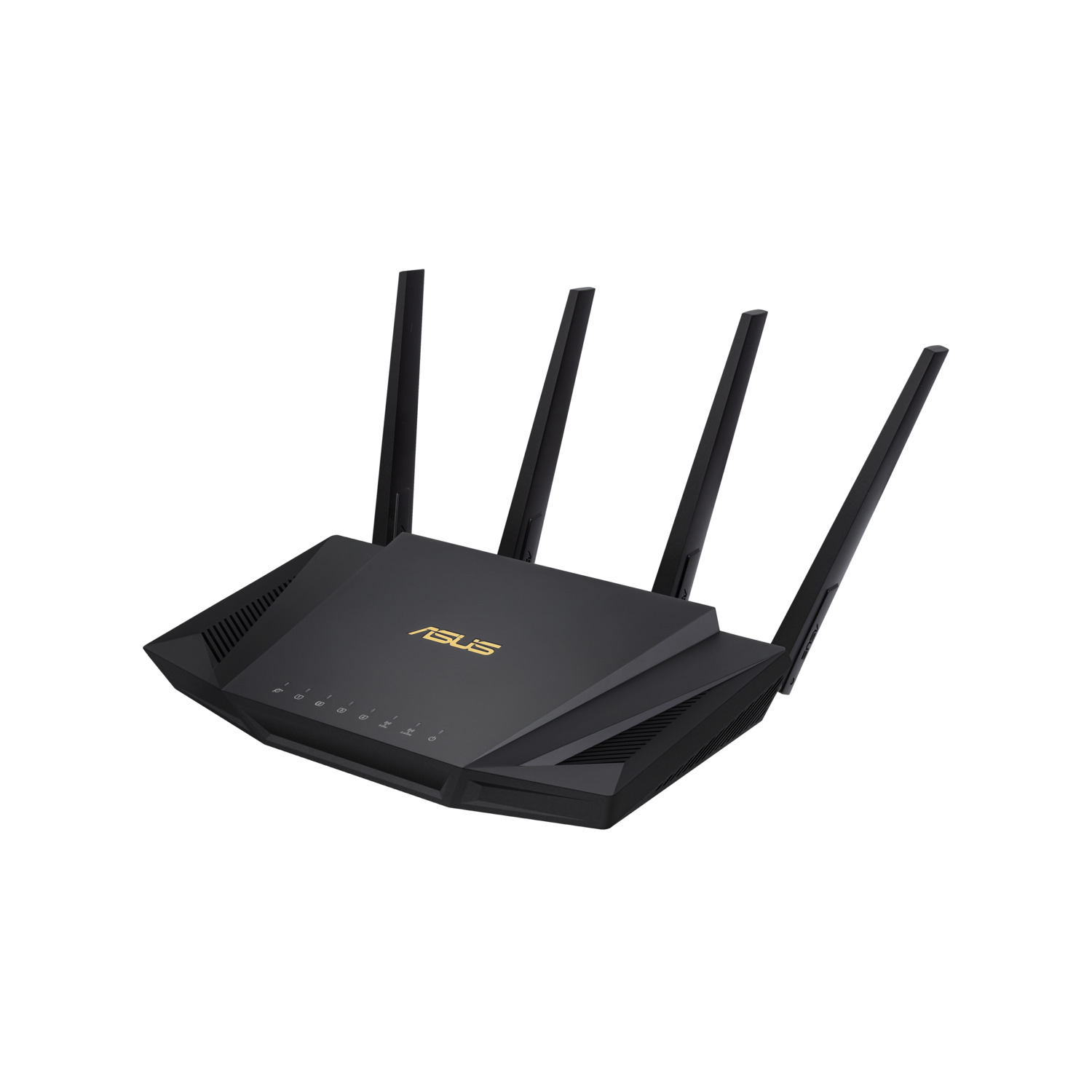 Black ASUS router with four antennas on a white background. The router has gold lettering and indicator lights.
