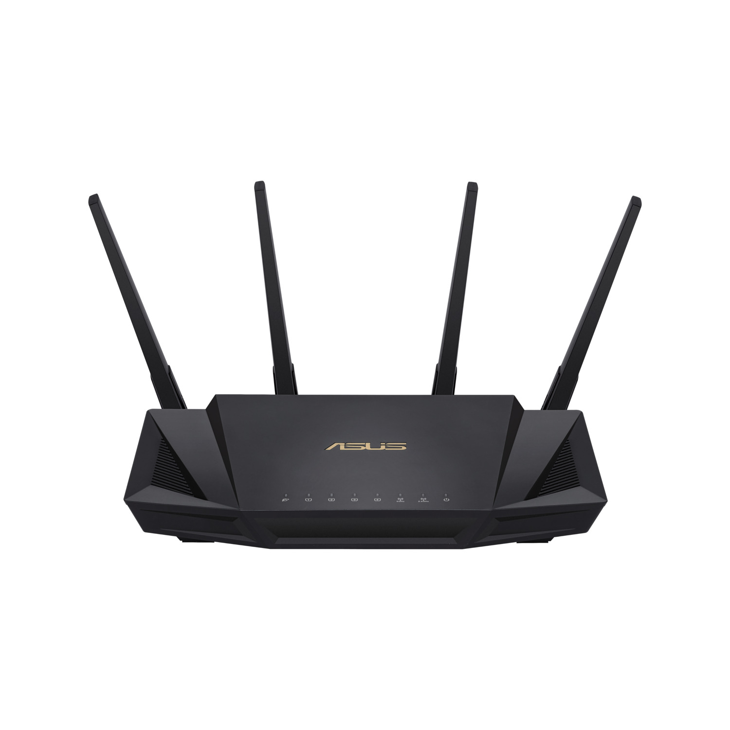 A black ASUS router with four antennas on a white background. The logo is gold. It is a network device for internet.