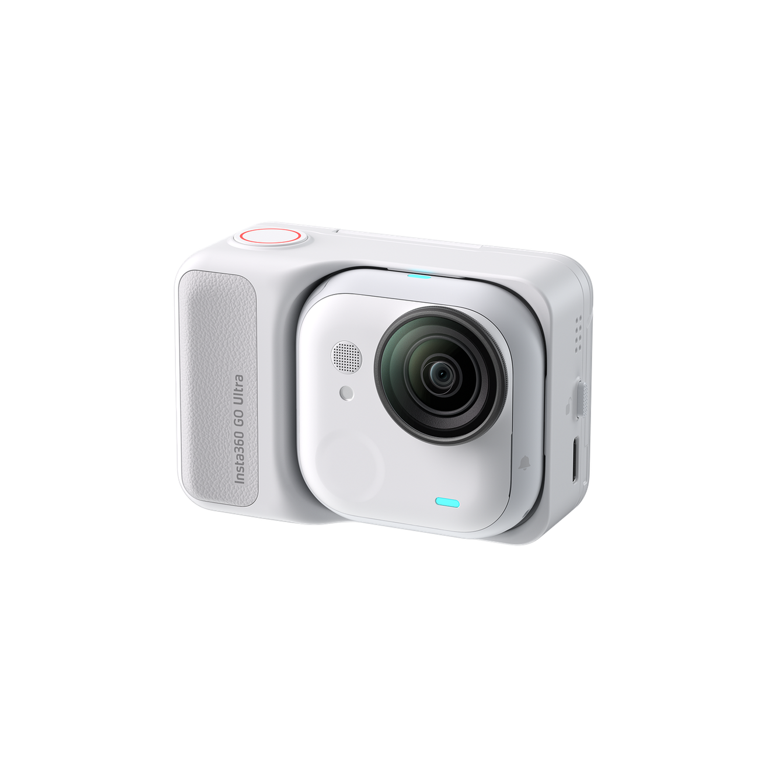 Une caméra blanche Insta360 GO Ultra. Elle a un objectif, un bouton rouge et un côté texturé. Le fond est noir.