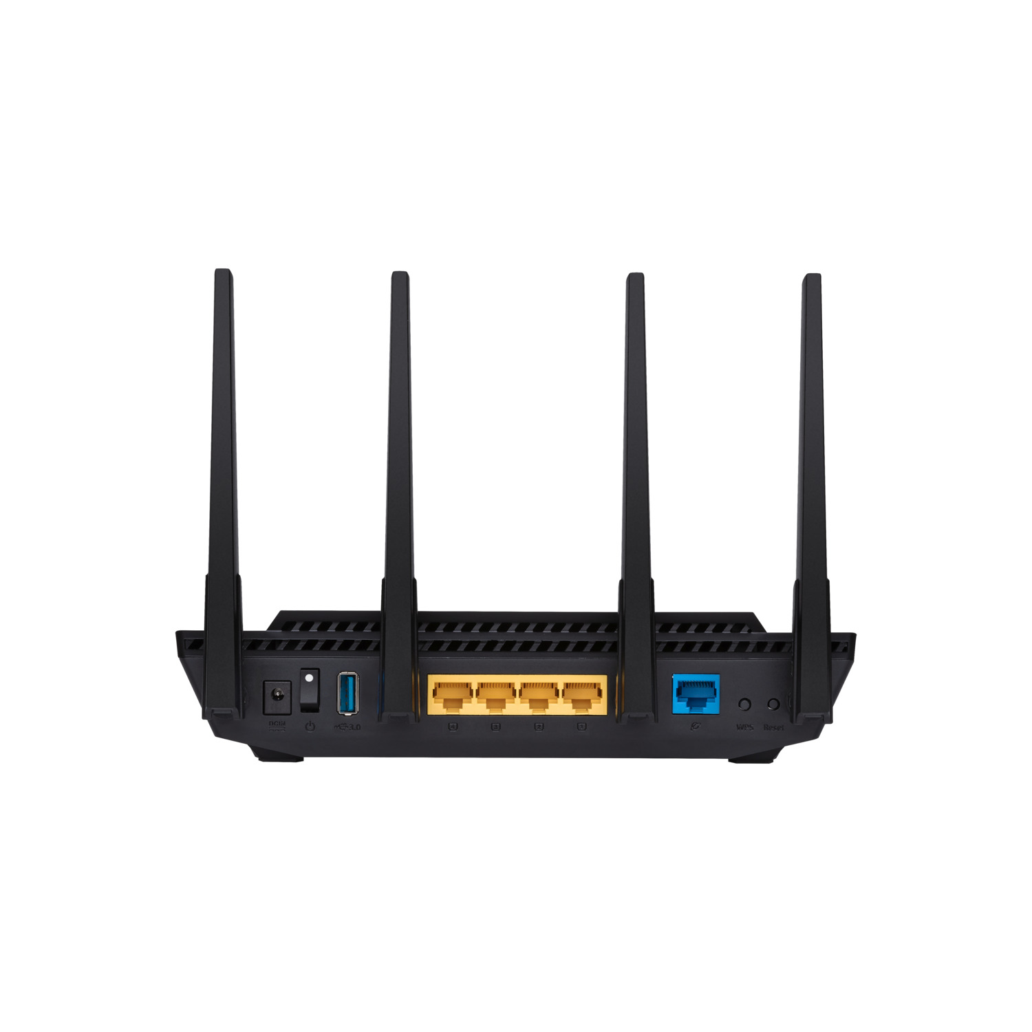 A black router with four antennas is shown. It has several ports and buttons on the front, including USB and Ethernet ports.