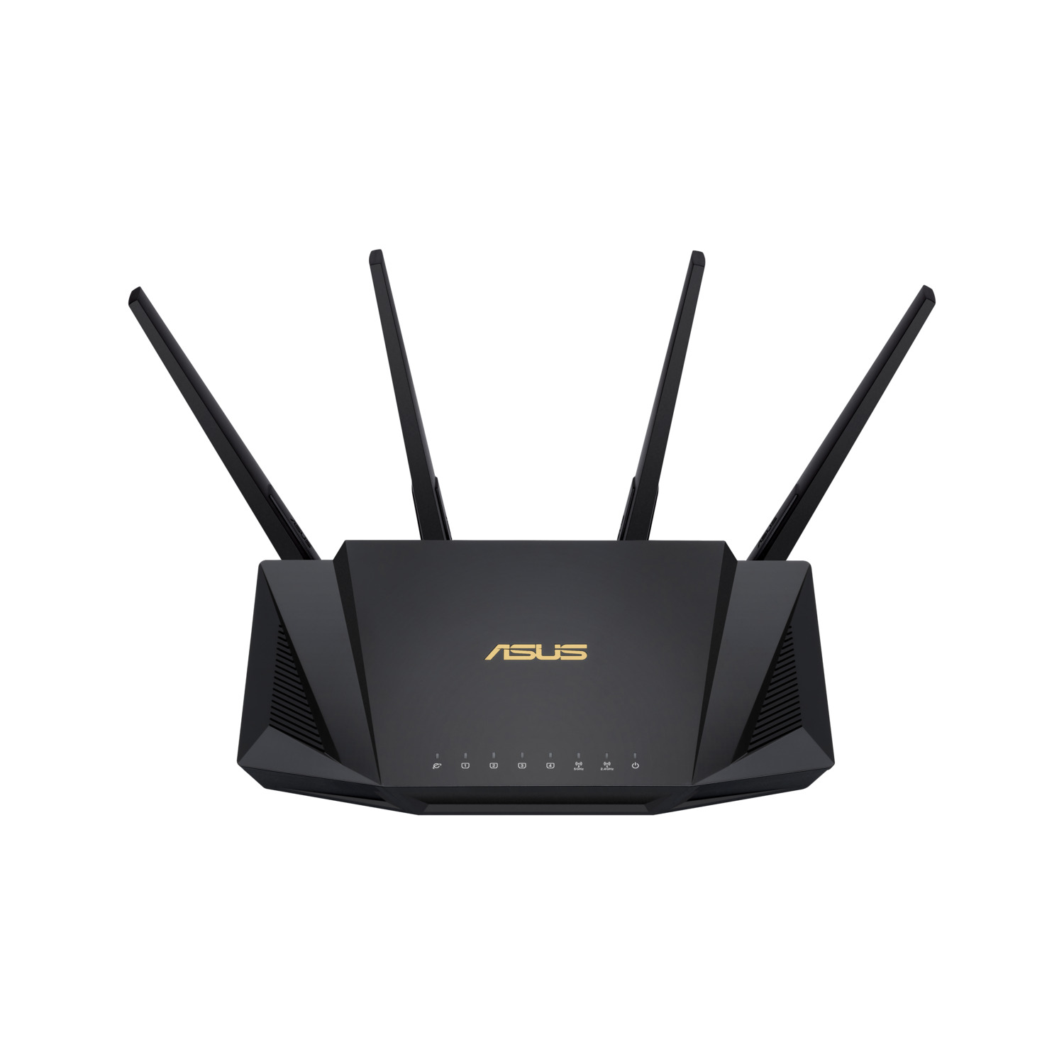 A black ASUS router with four antennas is centered on a white background. The ASUS logo is gold.