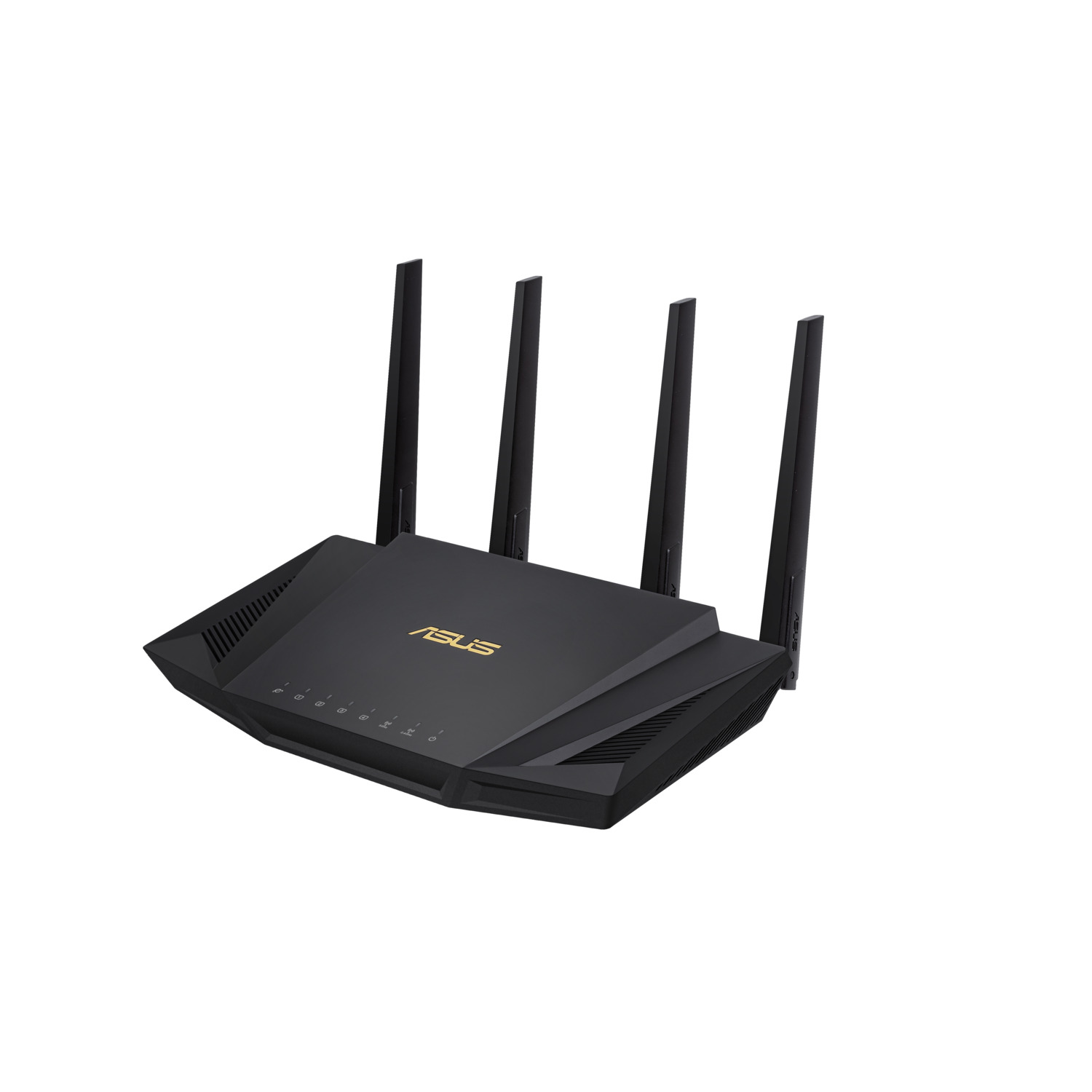 A black ASUS router with four antennas. Gold ASUS logo on top, indicator lights on the front. White background.