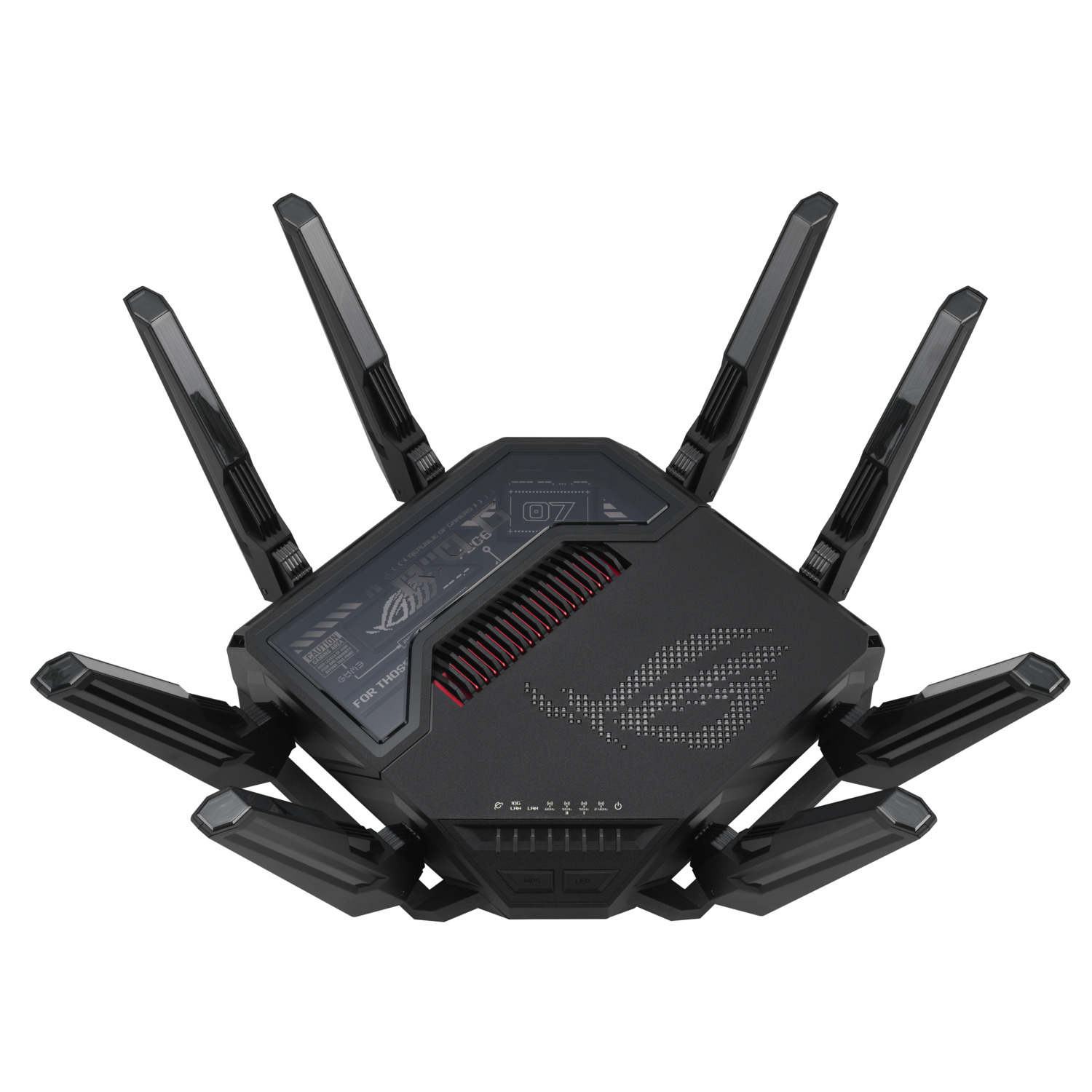 Routeur noir avec plusieurs antennes. Comprend un logo et des accents rouges. Il est sur fond blanc.