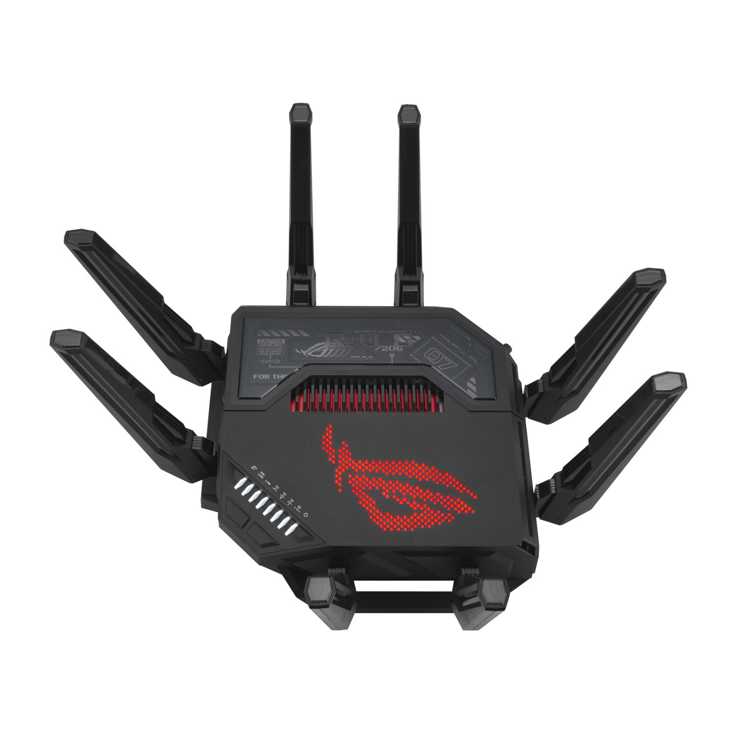 Routeur noir avec plusieurs antennes. Logo ROG rouge. Comprend plusieurs antennes et évents.