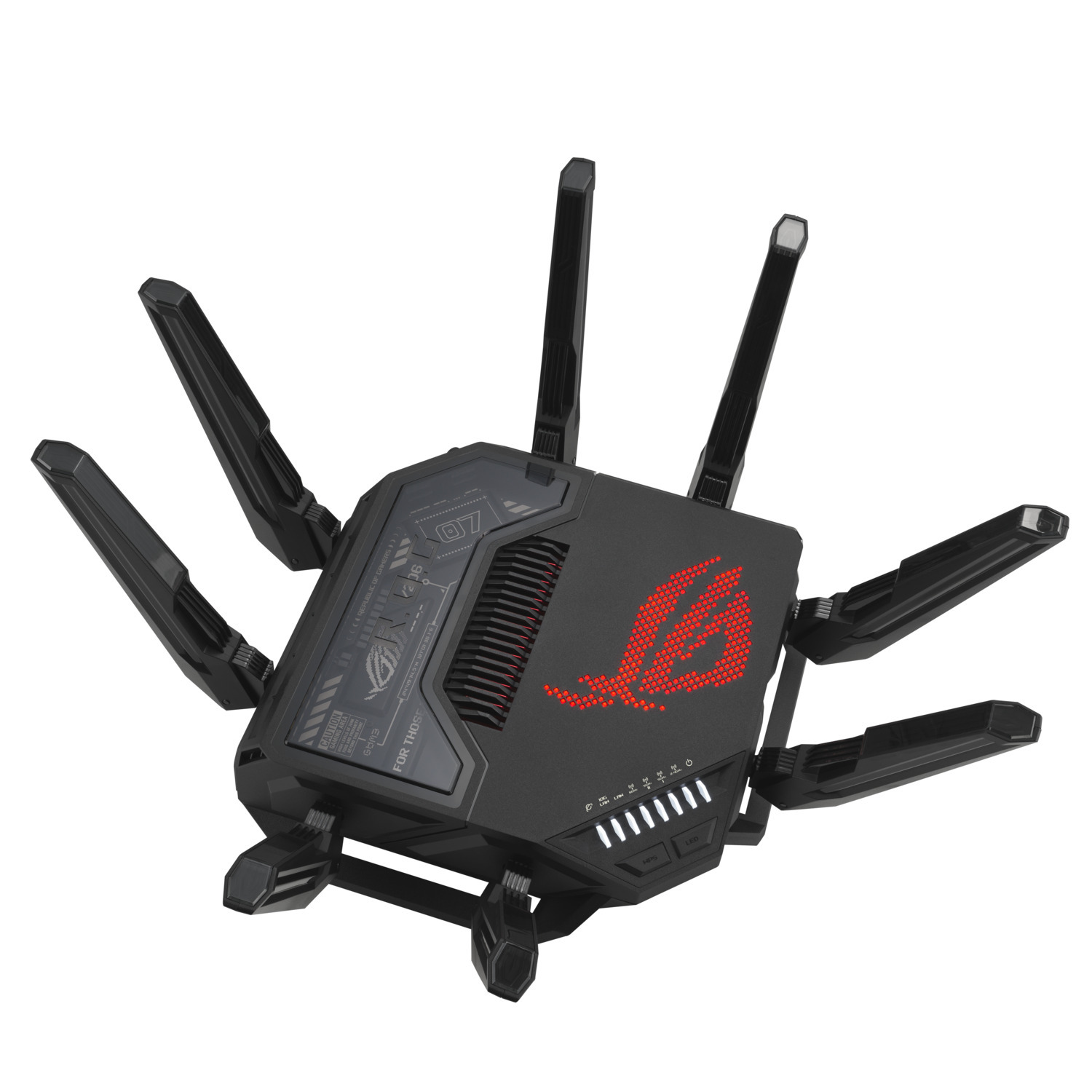 Un routeur gaming ROG noir avec plusieurs antennes. Logo ROG rouge sur le côté. Dispose d'indicateurs LED et d'un panneau supérieur transparent.