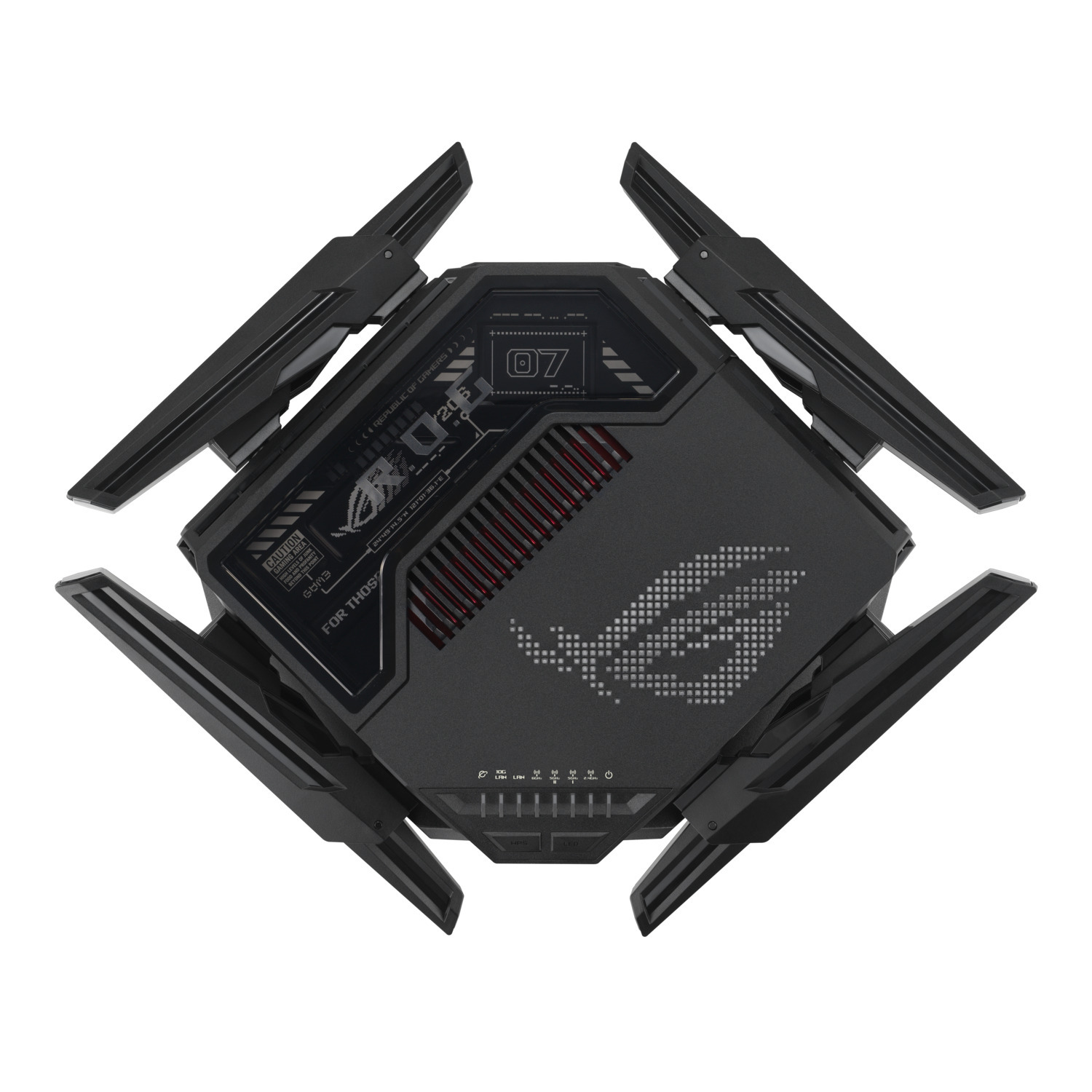 Un routeur de jeu noir avec quatre antennes coudées. Il arbore le logo Republic of Gamers et divers ports. Le fond est blanc.