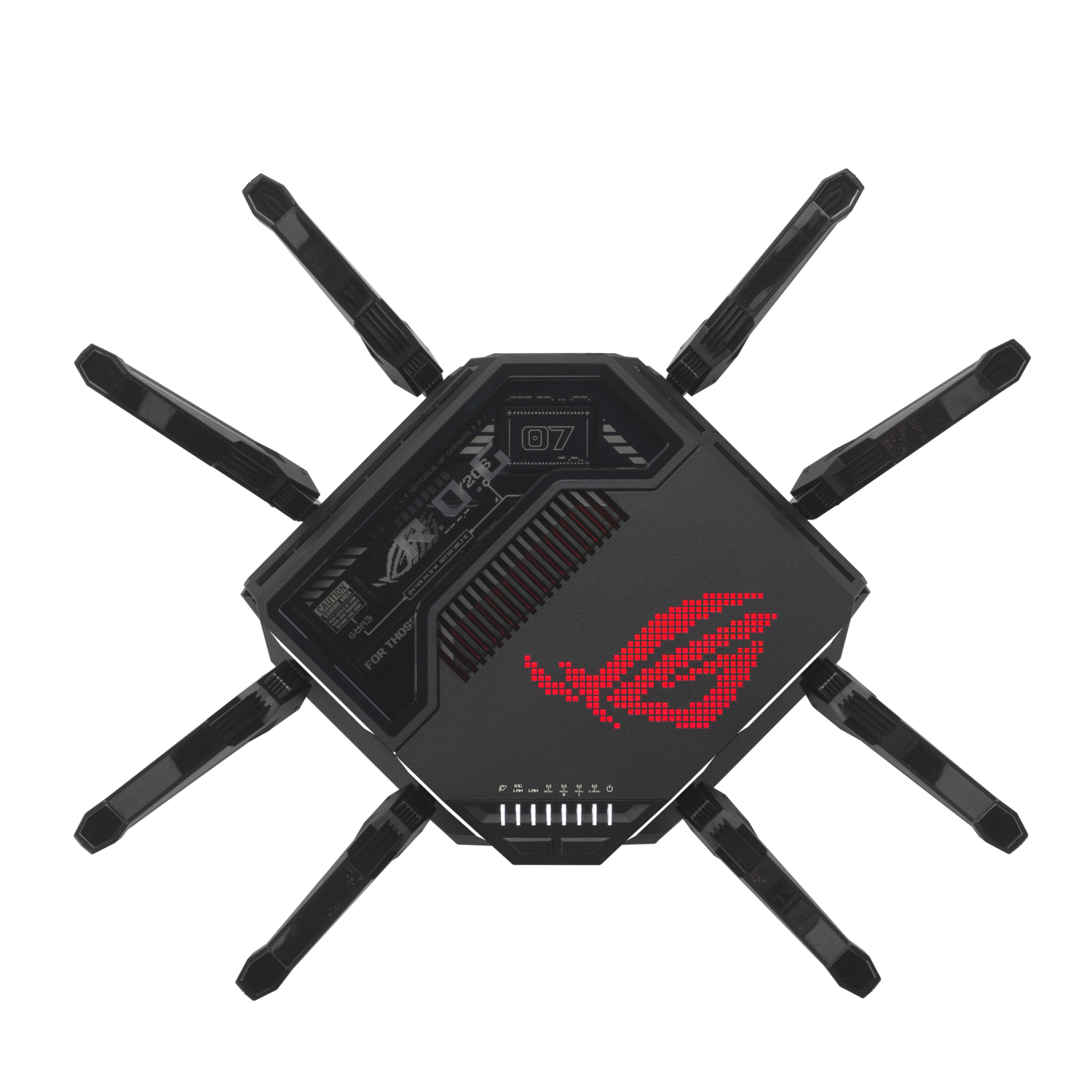 Routeur noir avec huit antennes. Logo ROG rouge. Divers ports et indicateurs. Éléments de design et texte. Fond noir.