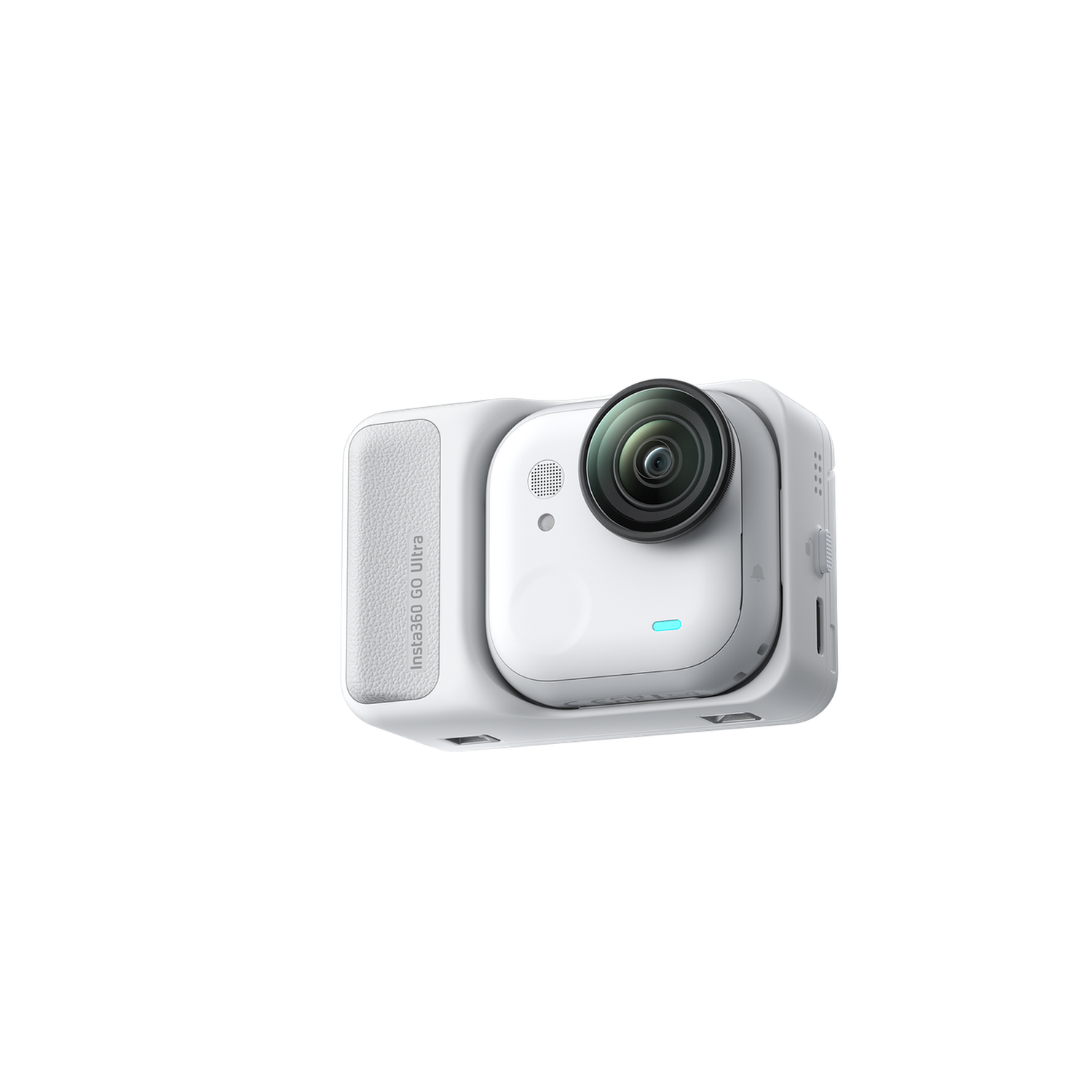 Een witte Insta360 GO Ultra camera met een grote lens op een zwarte achtergrond. De camera heeft een klein blauw licht.