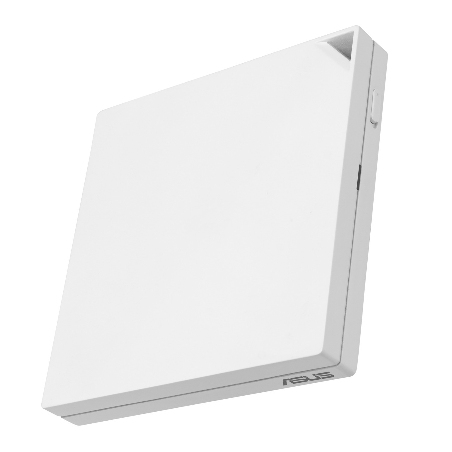 Un lecteur optique externe ASUS blanc, légèrement incliné. Il présente un design carré avec un bouton et le logo ASUS.