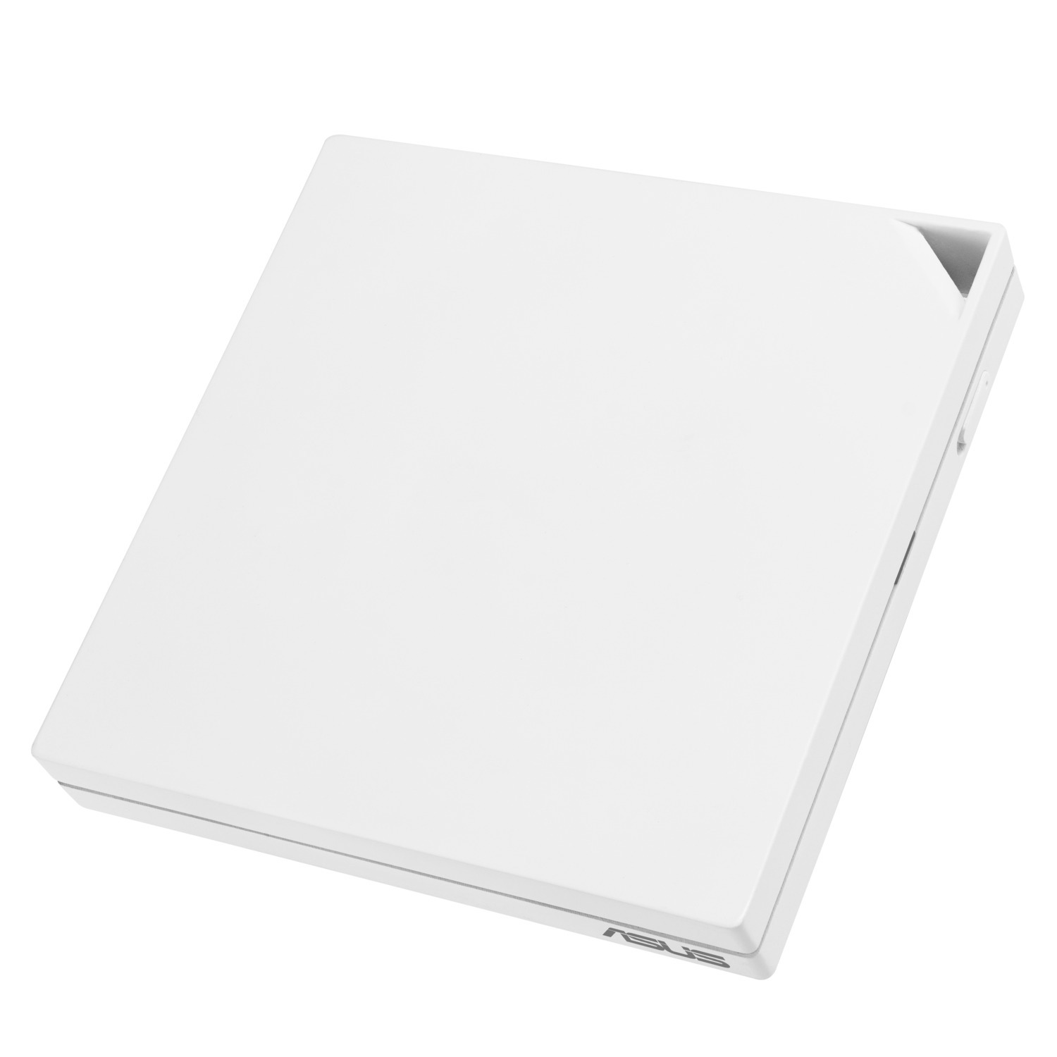Un lecteur DVD externe ASUS blanc. Vue en angle sur fond blanc. Le lecteur est rectangulaire avec une fente sur le côté.