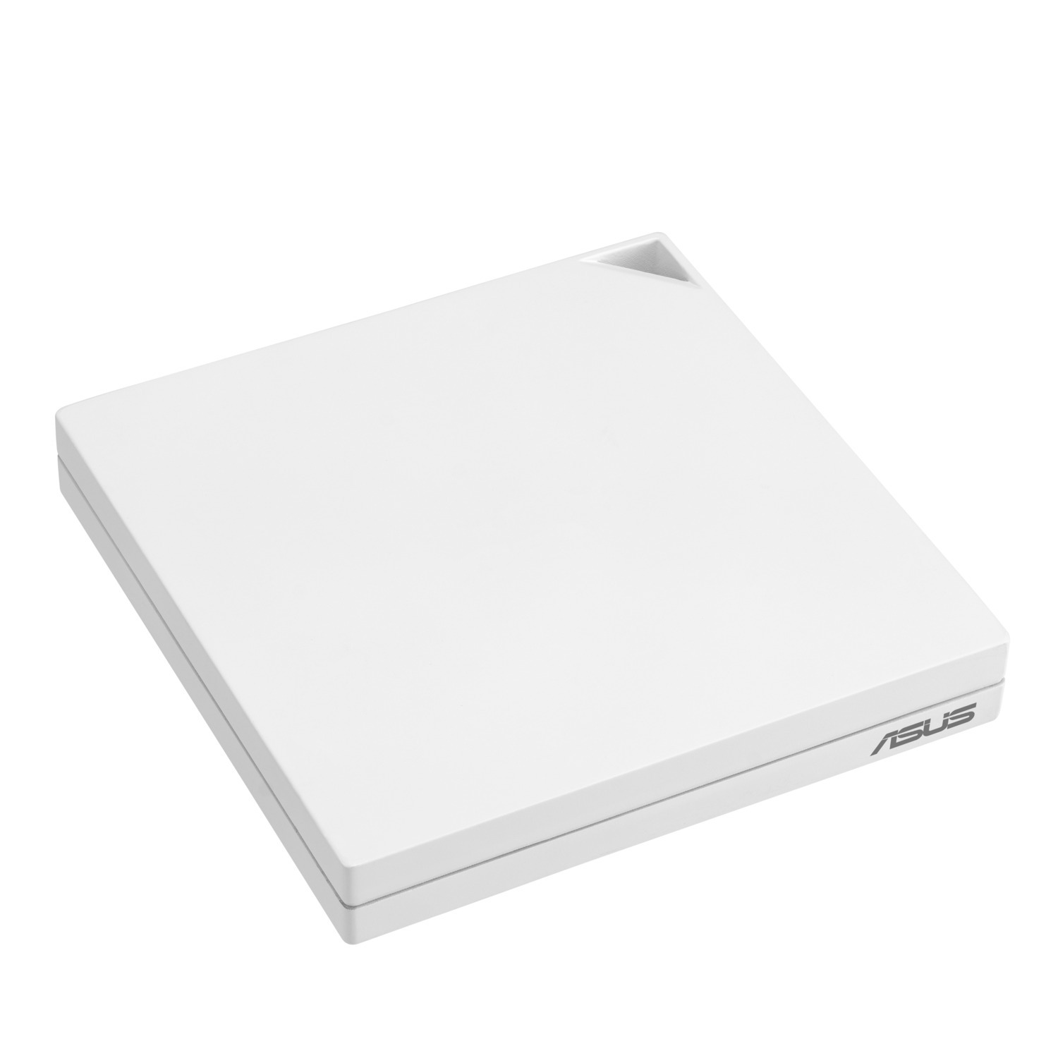 Un appareil ASUS blanc. L'appareil est carré, avec un dessus légèrement surélevé. Le logo ASUS est visible en bas à droite.