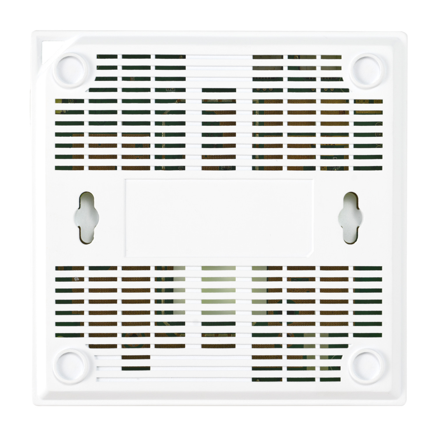 Dos d'un appareil électronique rectangulaire blanc avec grilles de ventilation et crochets de montage. Composants marron et verts visibles.