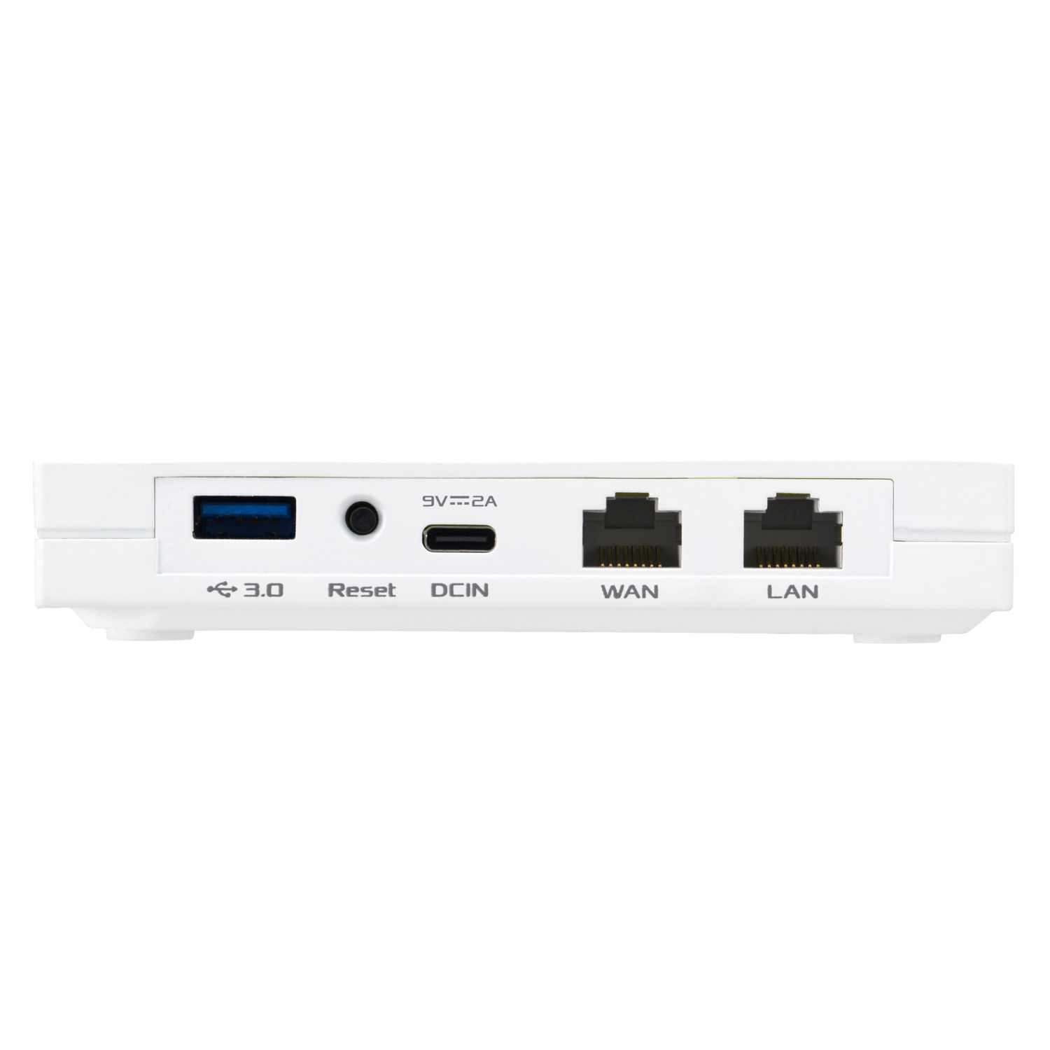 Appareil blanc avec USB, bouton de réinitialisation, port DCIN, ports WAN et LAN. Il porte une marque 9V=2A.