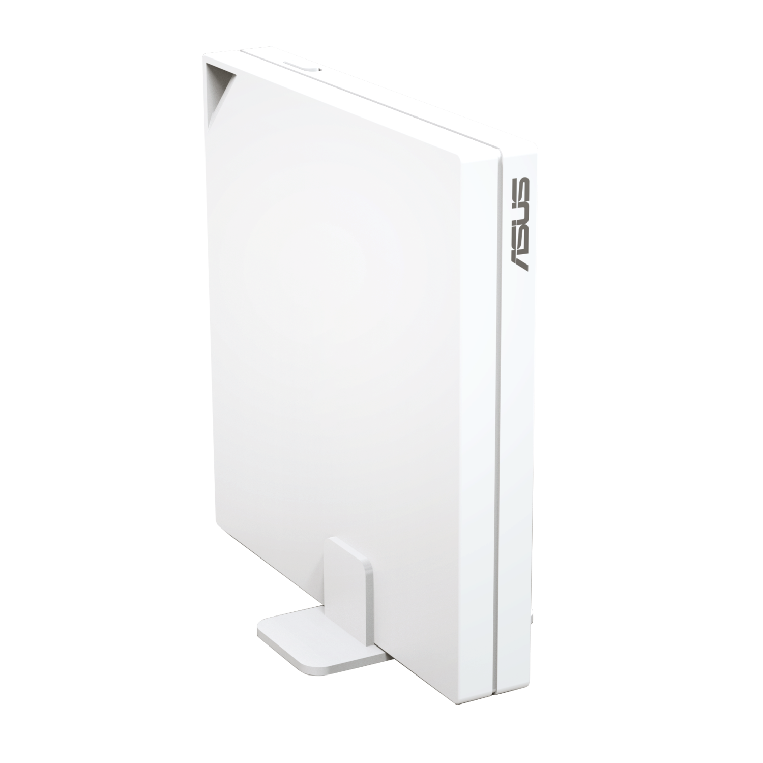 Appareil ASUS blanc sur un support, vue en angle. Le logo ASUS est visible. Le fond est noir.