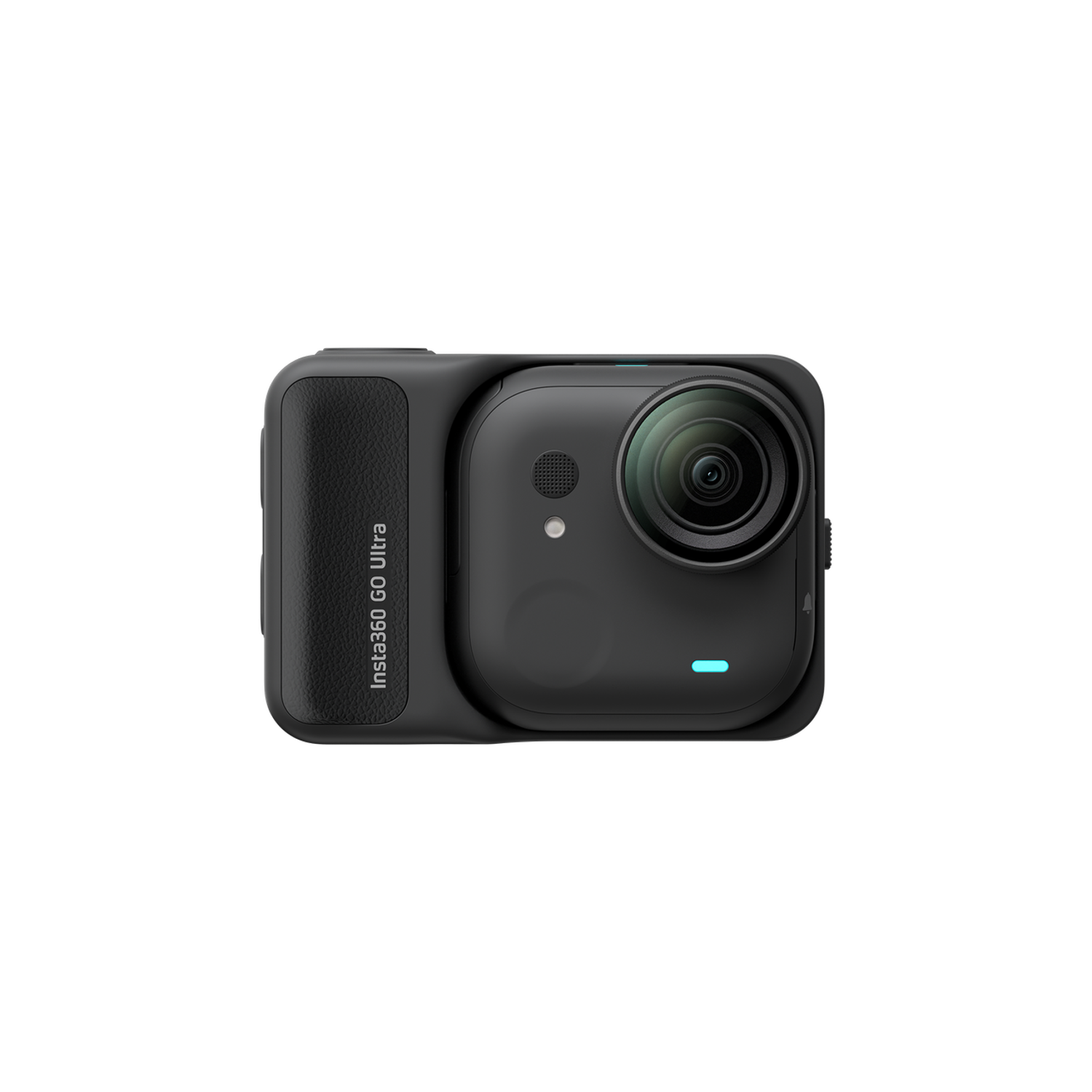 Une caméra noire Insta360 GO Ultra. Elle a un objectif, une petite lumière bleue et le texte "Insta360 GO Ultra".
