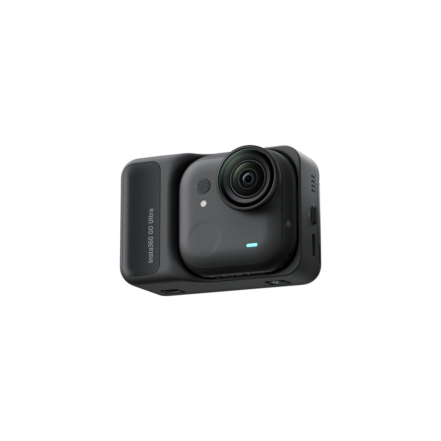 Une caméra noire Insta360 Go Ultra. Elle a un objectif, un bouton d'alimentation et le nom est imprimé sur le côté.