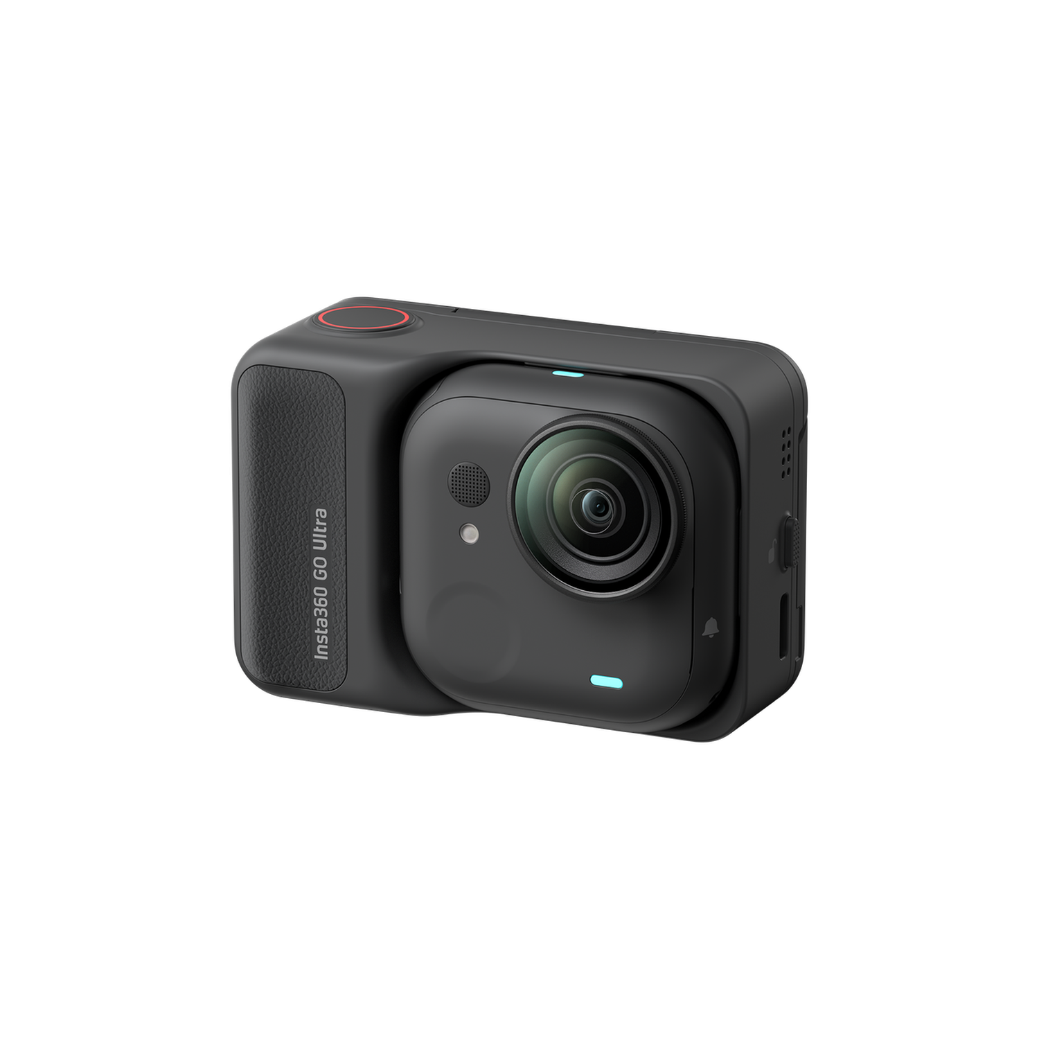 Une caméra noire Insta360 GO Ultra. Elle a un objectif, un bouton d'alimentation, et le texte "Insta360 GO Ultra" est imprimé.
