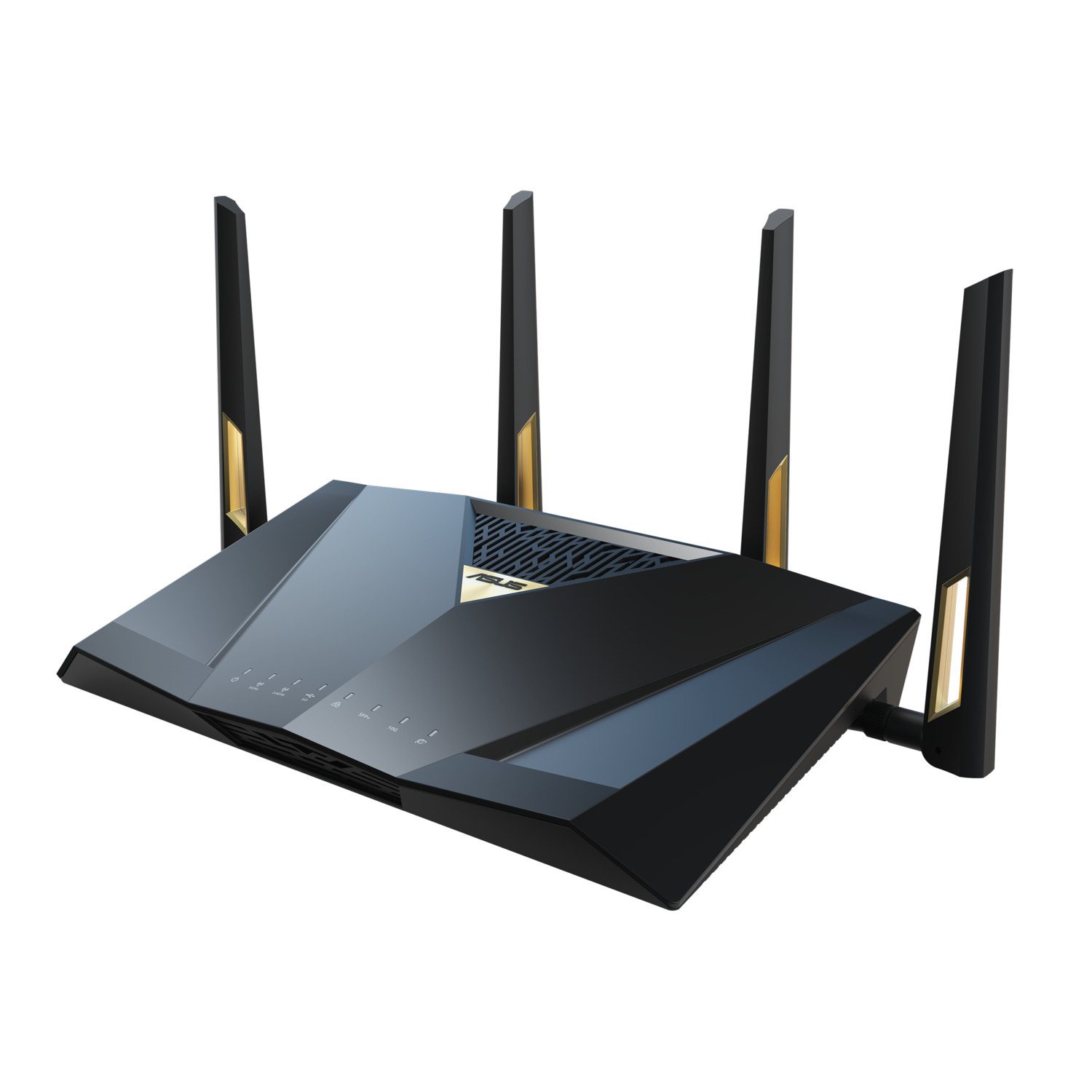 A black ASUS router with four antennas and gold accents. It sits on a white background.