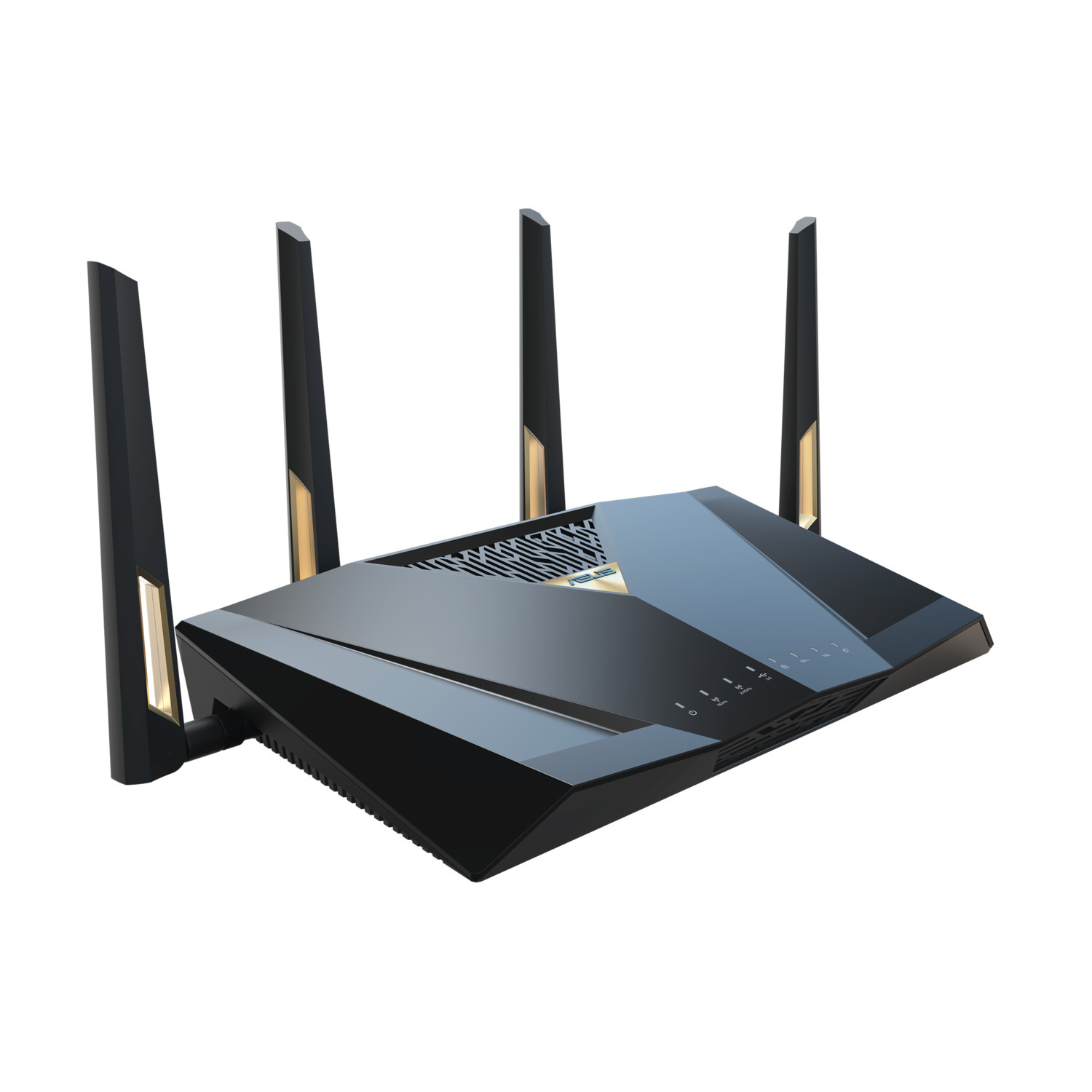 Black router with four antennas. The router is angled, showing its top and side. The background is white.