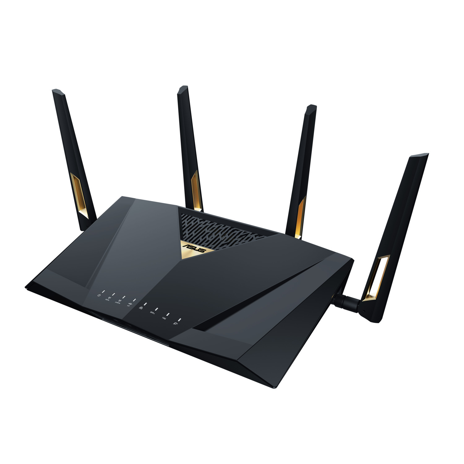 Black ASUS router with four antennas. Gold accents on the antennas and logo. White background.
