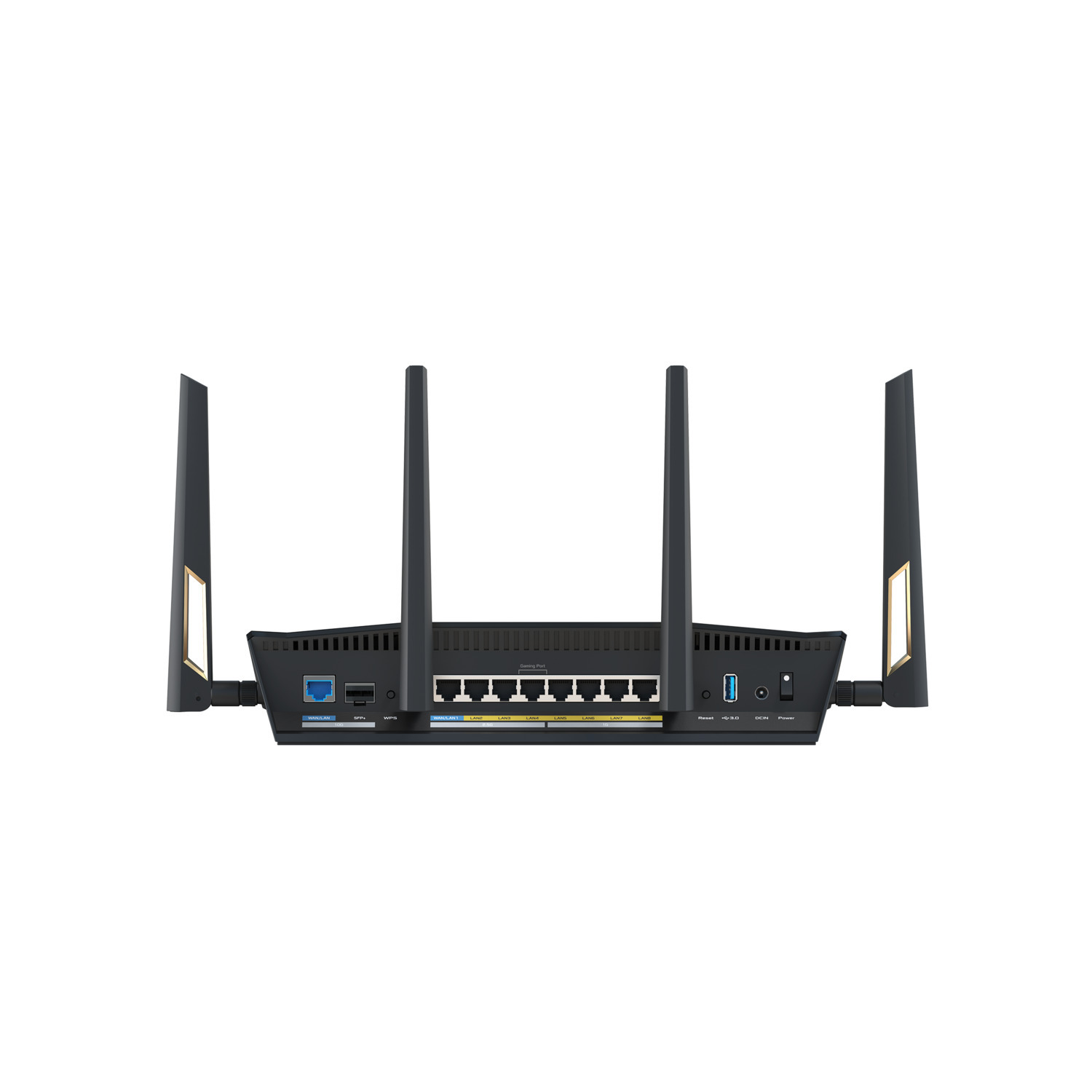 A black router with multiple antennas, ports, and indicators. It has gold accents. The background is plain white.