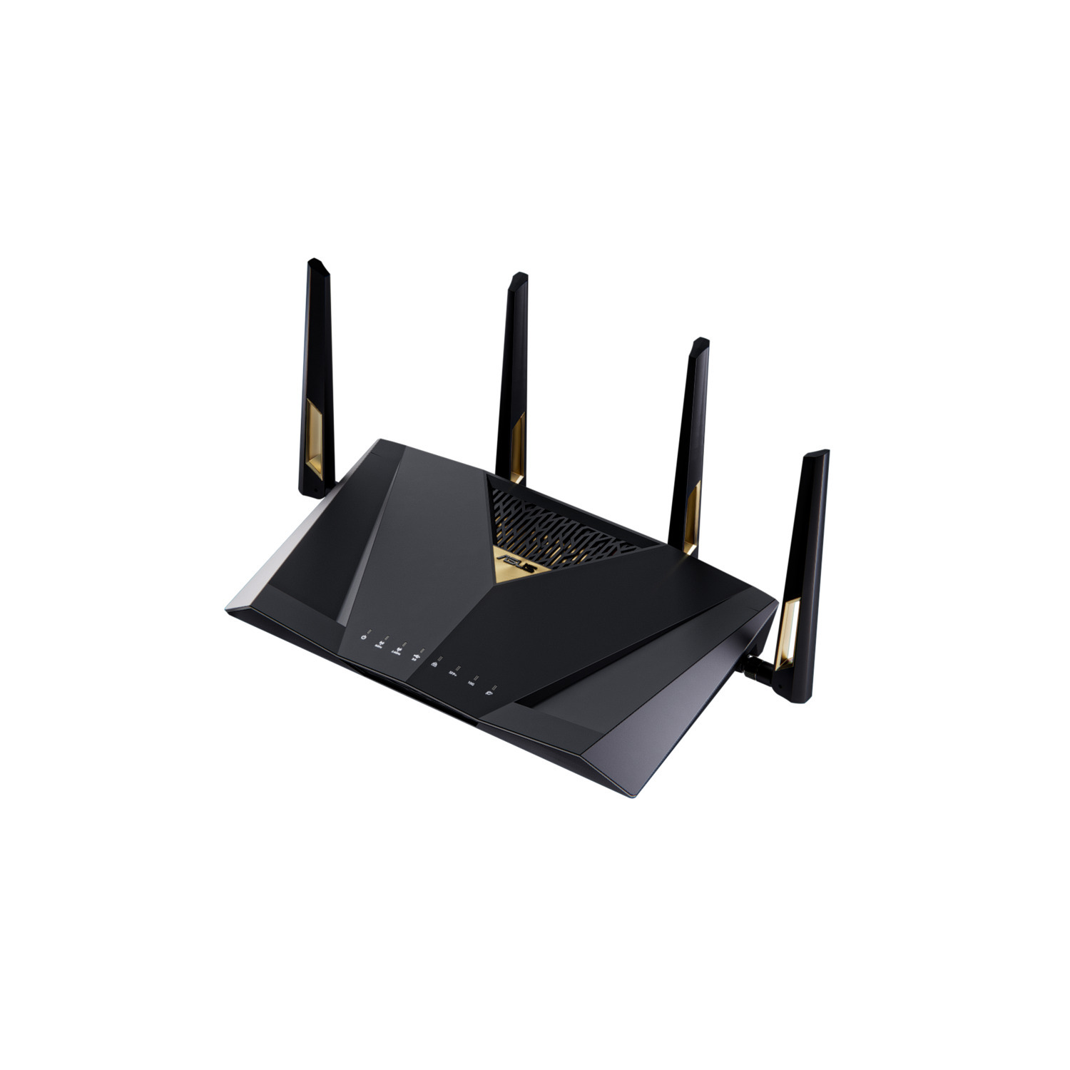 A black and gold ASUS router with four antennas is placed on a white background.