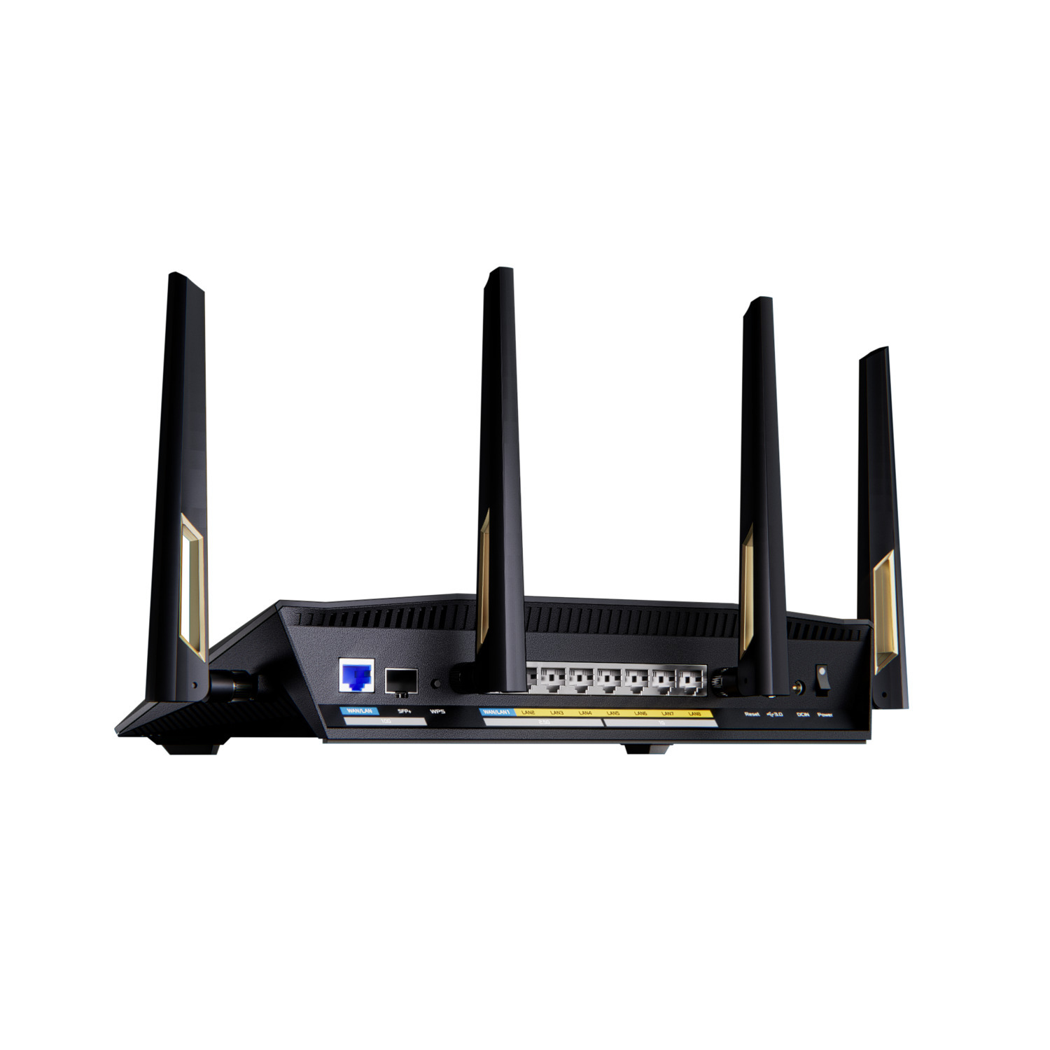 Black router with gold accents and six antennas. Ports and buttons are visible. It sits against a white background.