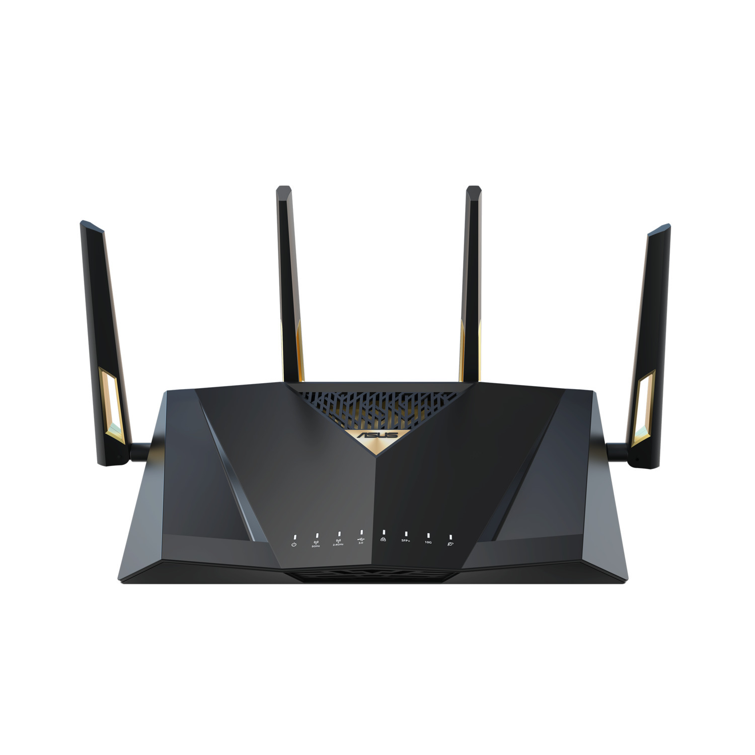 A black ASUS router with four antennas. It has indicator lights on the front and a gold ASUS logo.