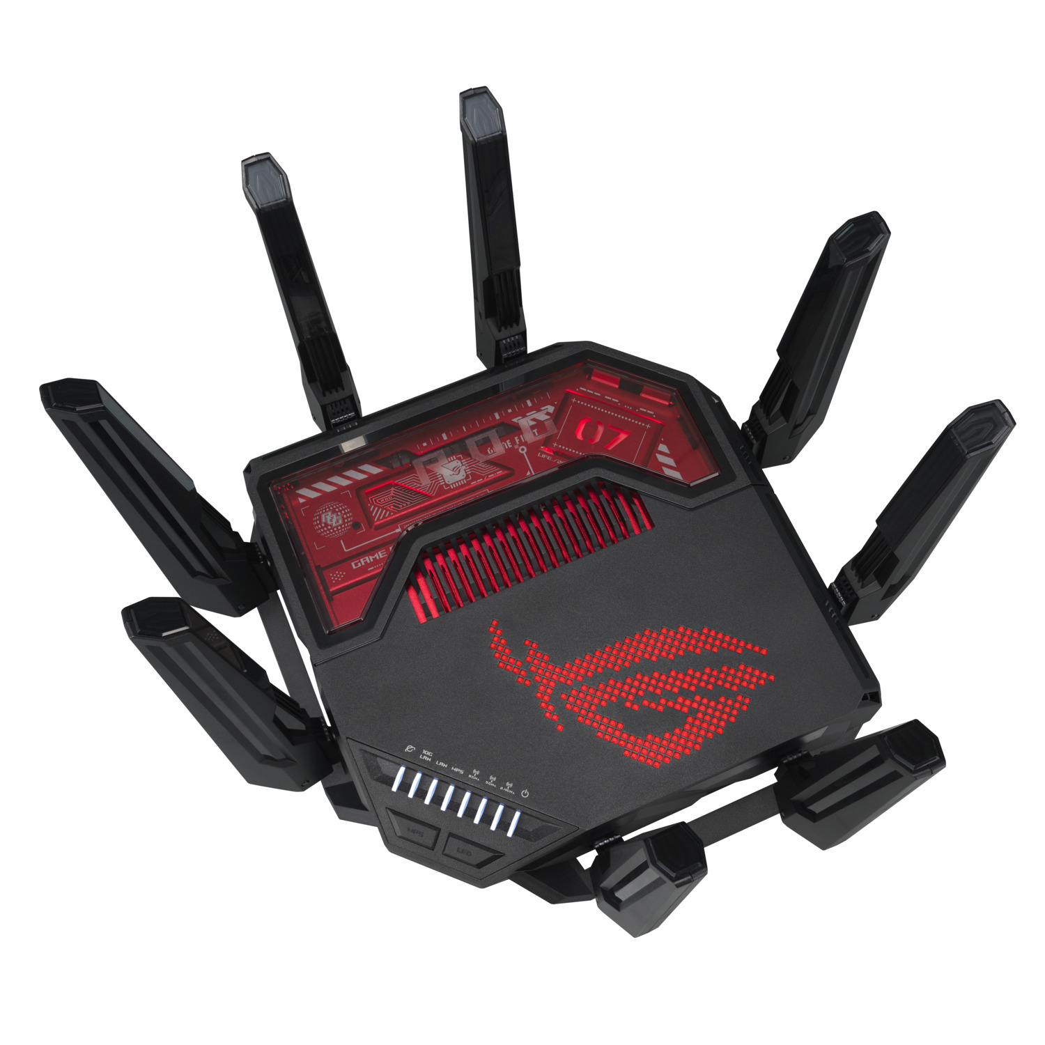 Routeur noir avec des accents rouges et des antennes. Comporte le logo ROG et des voyants. Sur fond blanc.