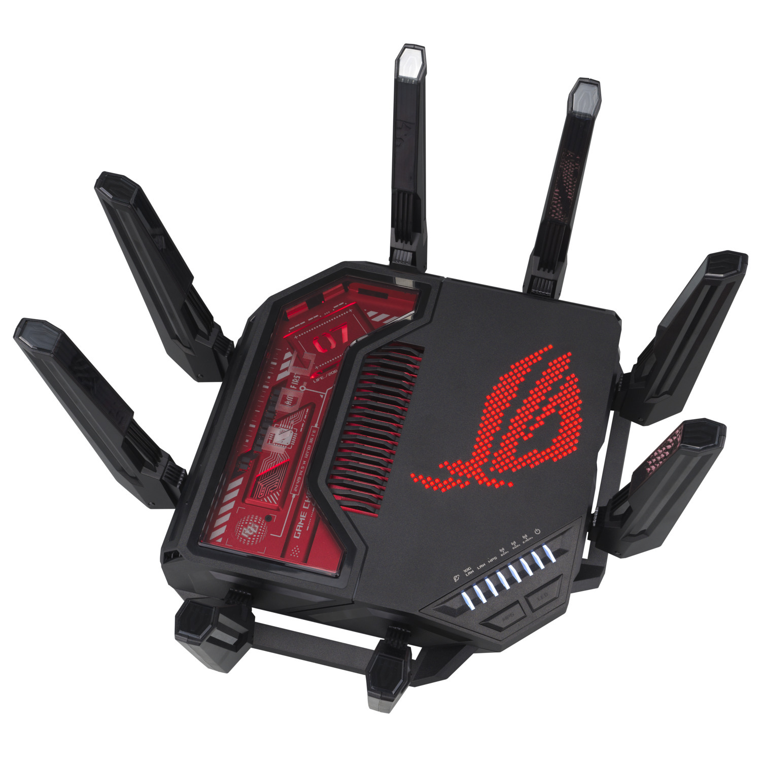 Routeur noir avec des détails rouges éclairés et des antennes. Il arbore le logo ROG et plusieurs voyants d'état.