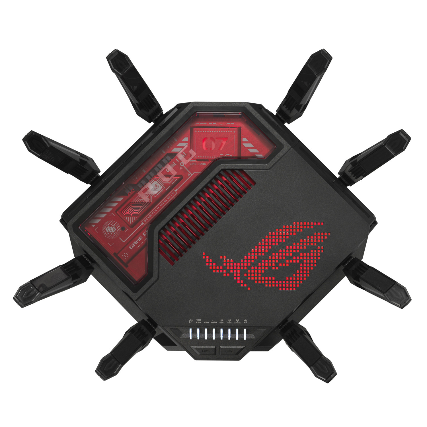 Routeur ROG noir et rouge avec huit antennes. Accents rouges et logo éclairé. Vue de dessus sur fond blanc.