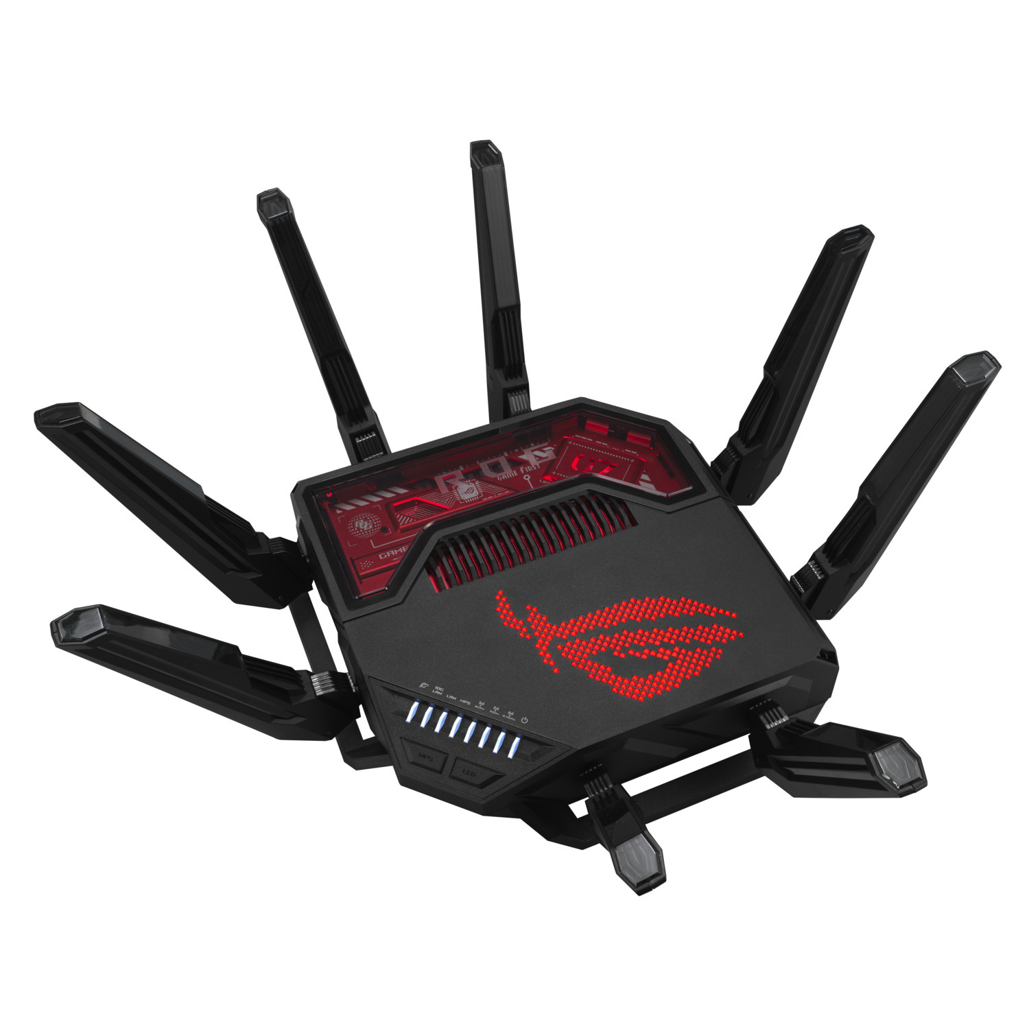 Un routeur noir avec plusieurs antennes. Il a un logo ROG rouge et des lumières internes rouges.