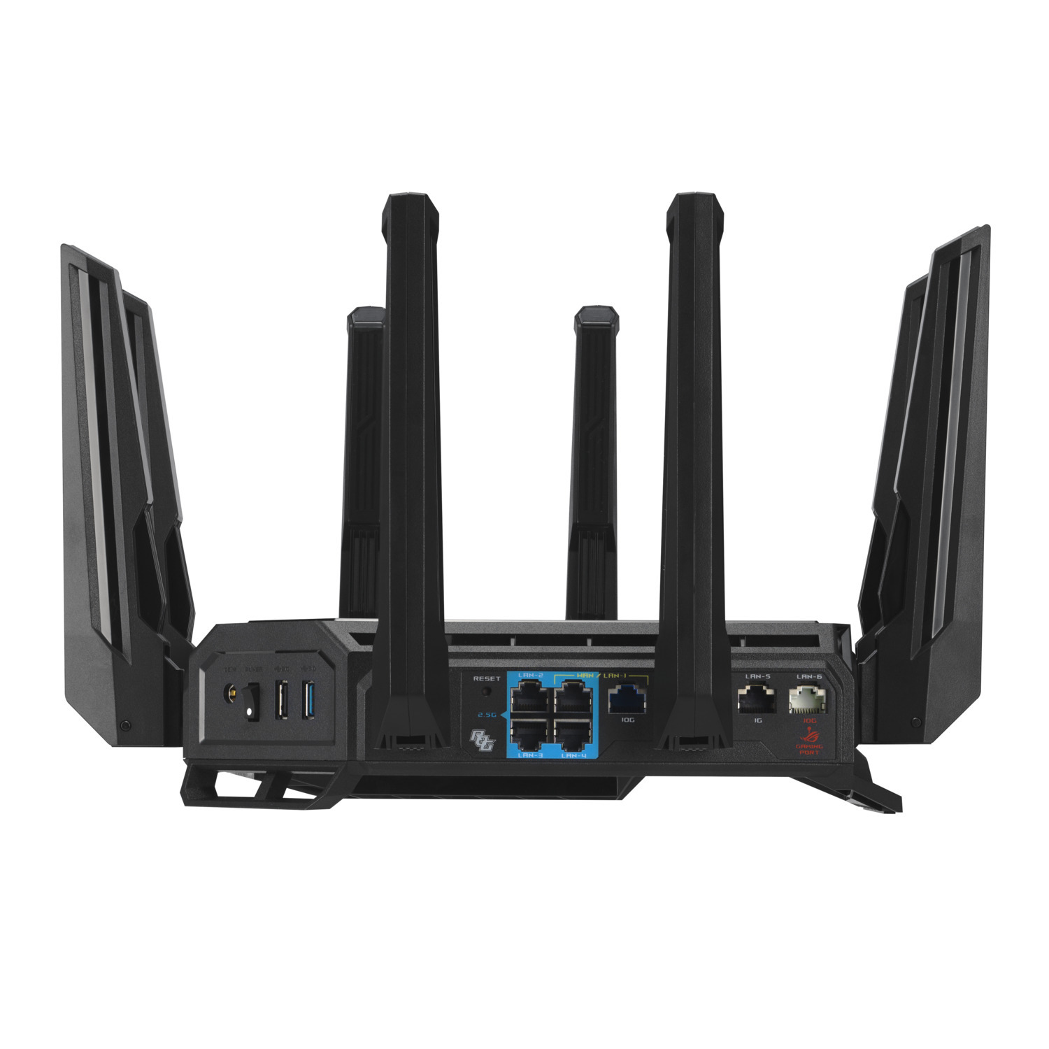 Un routeur noir avec plusieurs antennes est affiché sur un fond blanc. Le routeur possède plusieurs ports et un bouton d'alimentation.