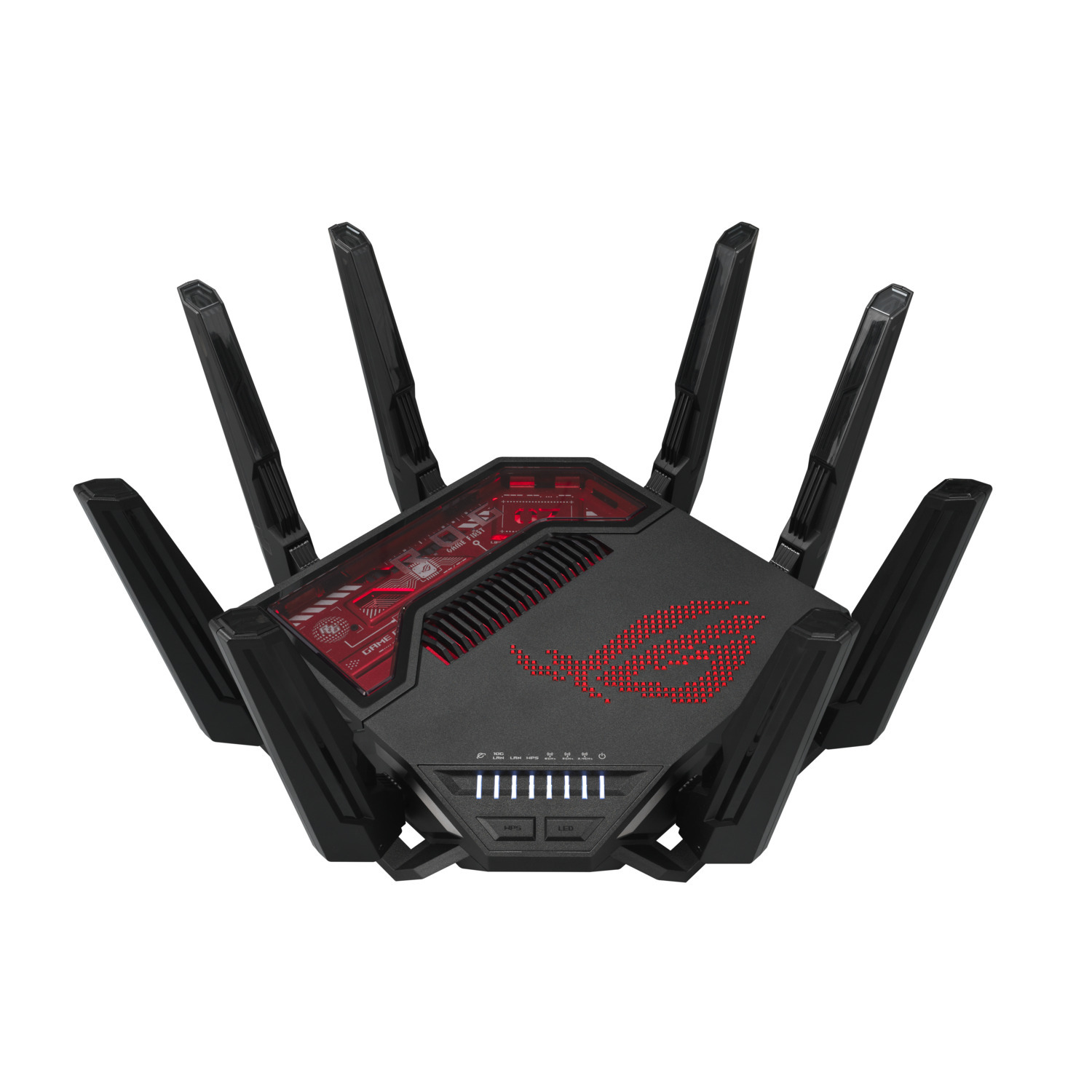 Routeur noir et rouge avec plusieurs antennes. Le logo ROG est visible en haut. Indicateurs LED sur le panneau avant.