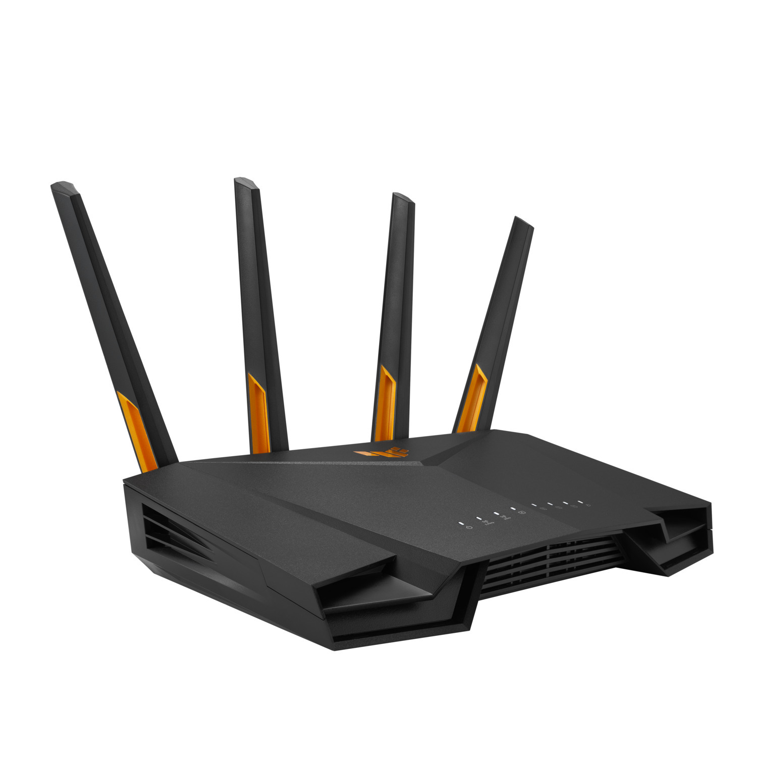 Black router with four antennas, orange accents, and indicator lights. It has a geometric design, isolated on white background.