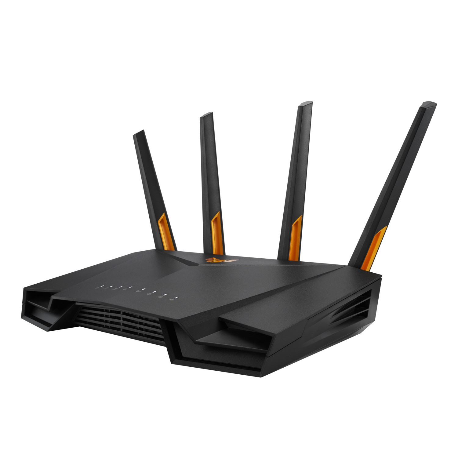 A black router with four antennas, orange accents, and indicator lights sits against a white background.