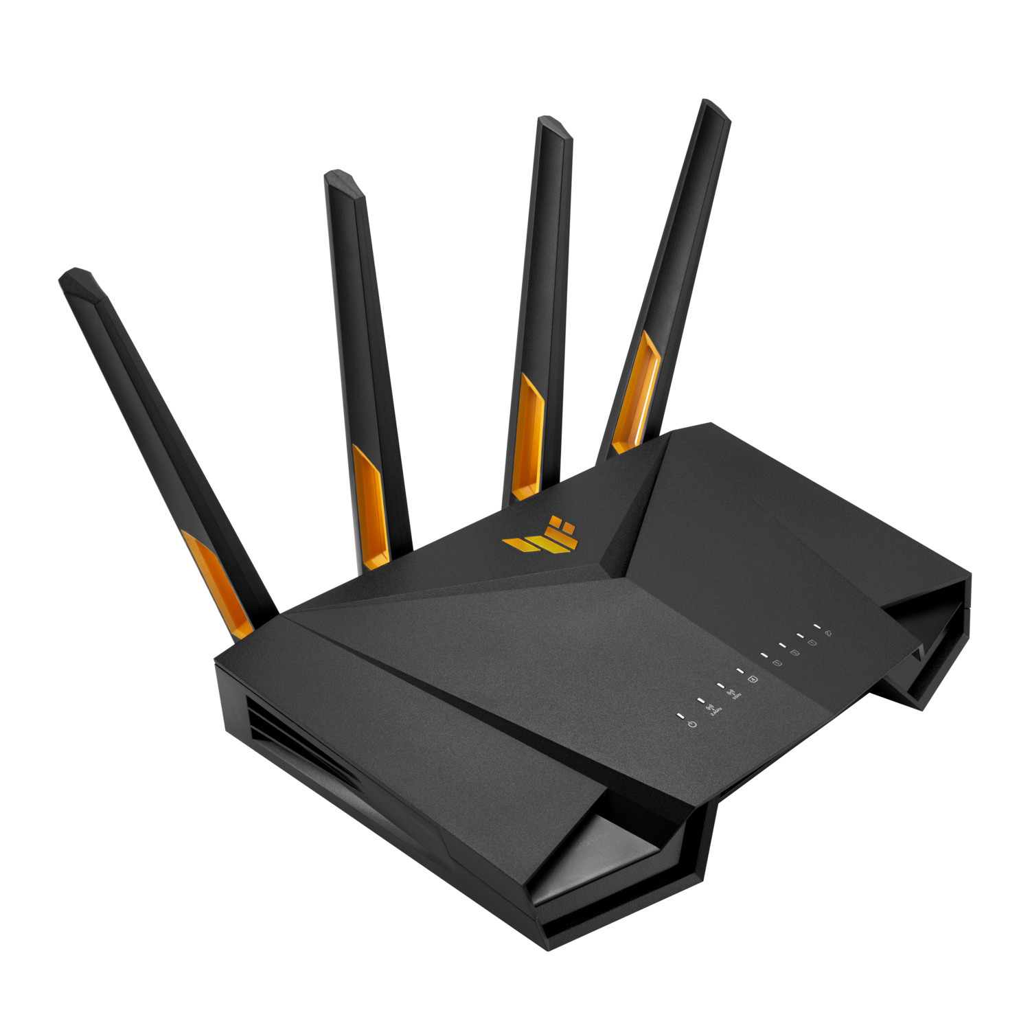 Black router with four antennas, yellow accents. The router has several indicator lights and a logo. White background.