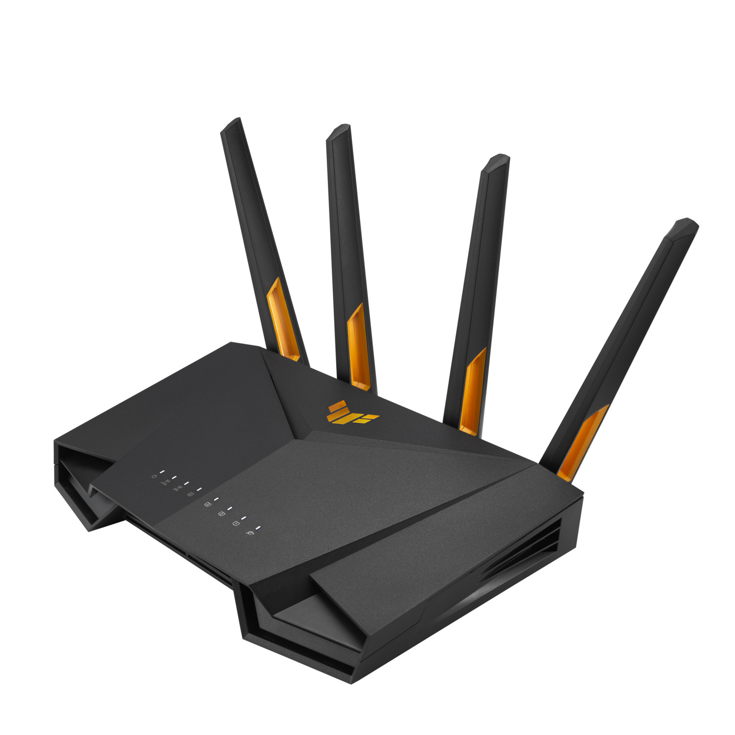 Black and dark gray router with four black antennas with orange accents on a white background. The router has indicator lights.