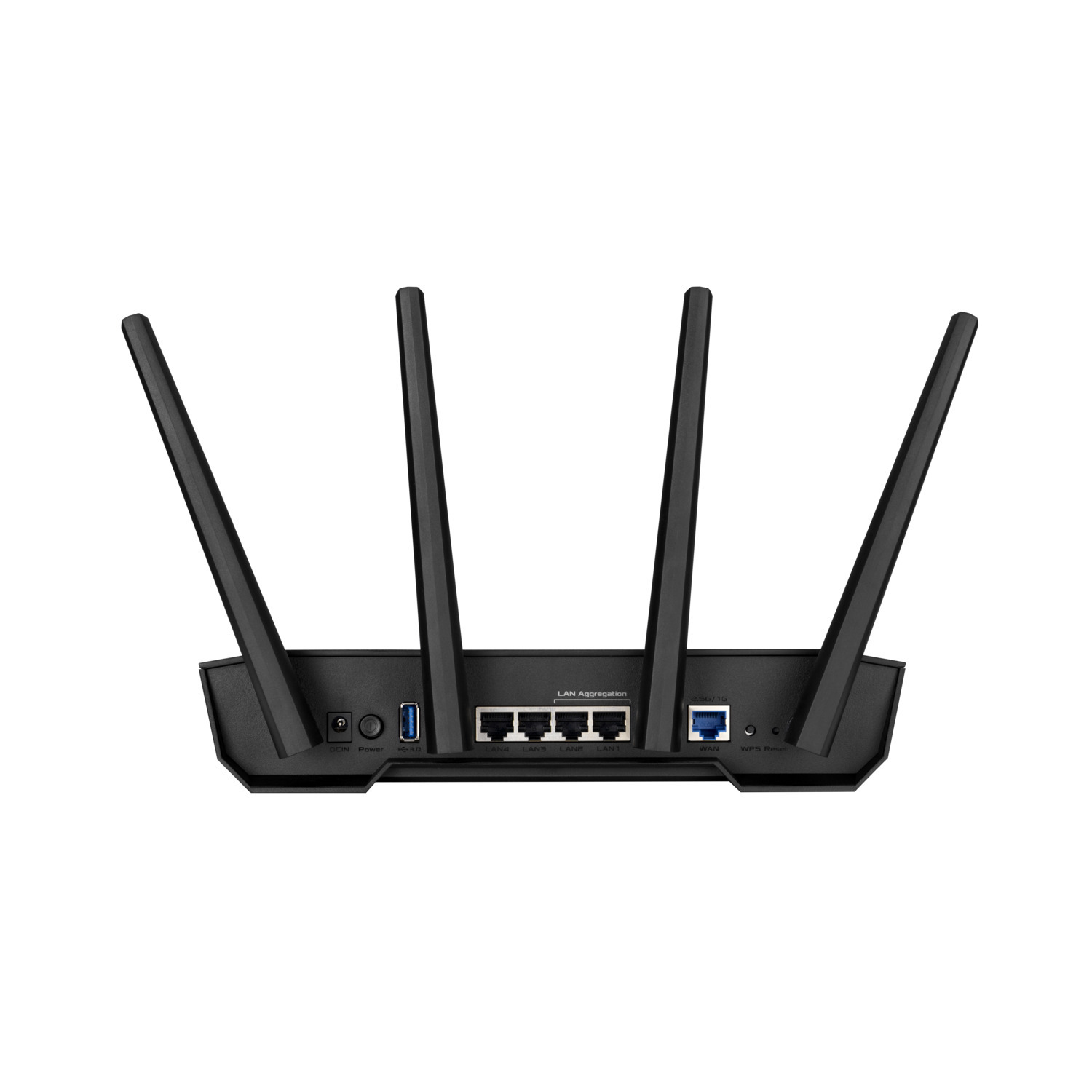 Black router with four antennas, various ports, and labels like 'LAN Aggregation' and 'USB 3.0' on a white background.