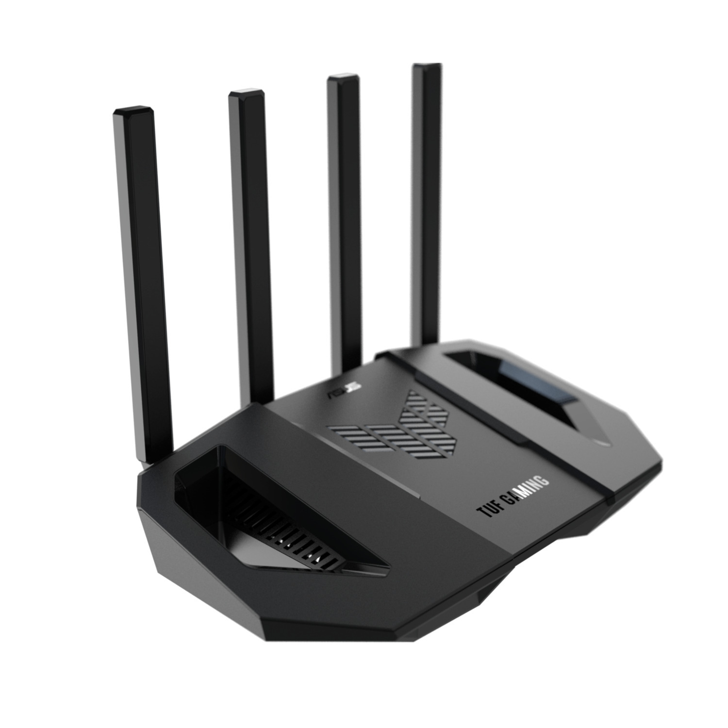 A black ASUS TUF Gaming router with four antennas. The router is angled, displaying the logo and ventilation.