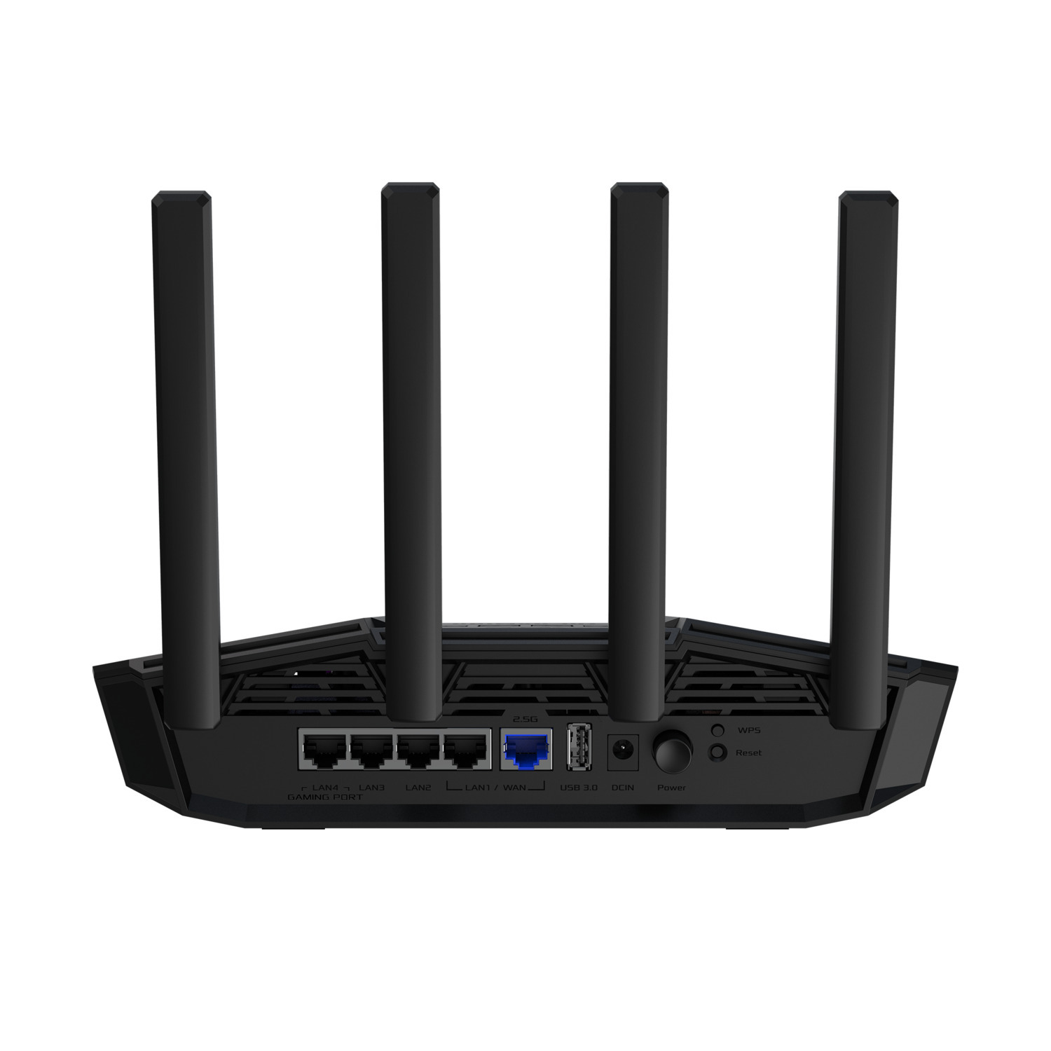A black router with four antennas. Ports for LAN and WAN are visible. Labels include WPS, Reset, USB 3.0, and Power.