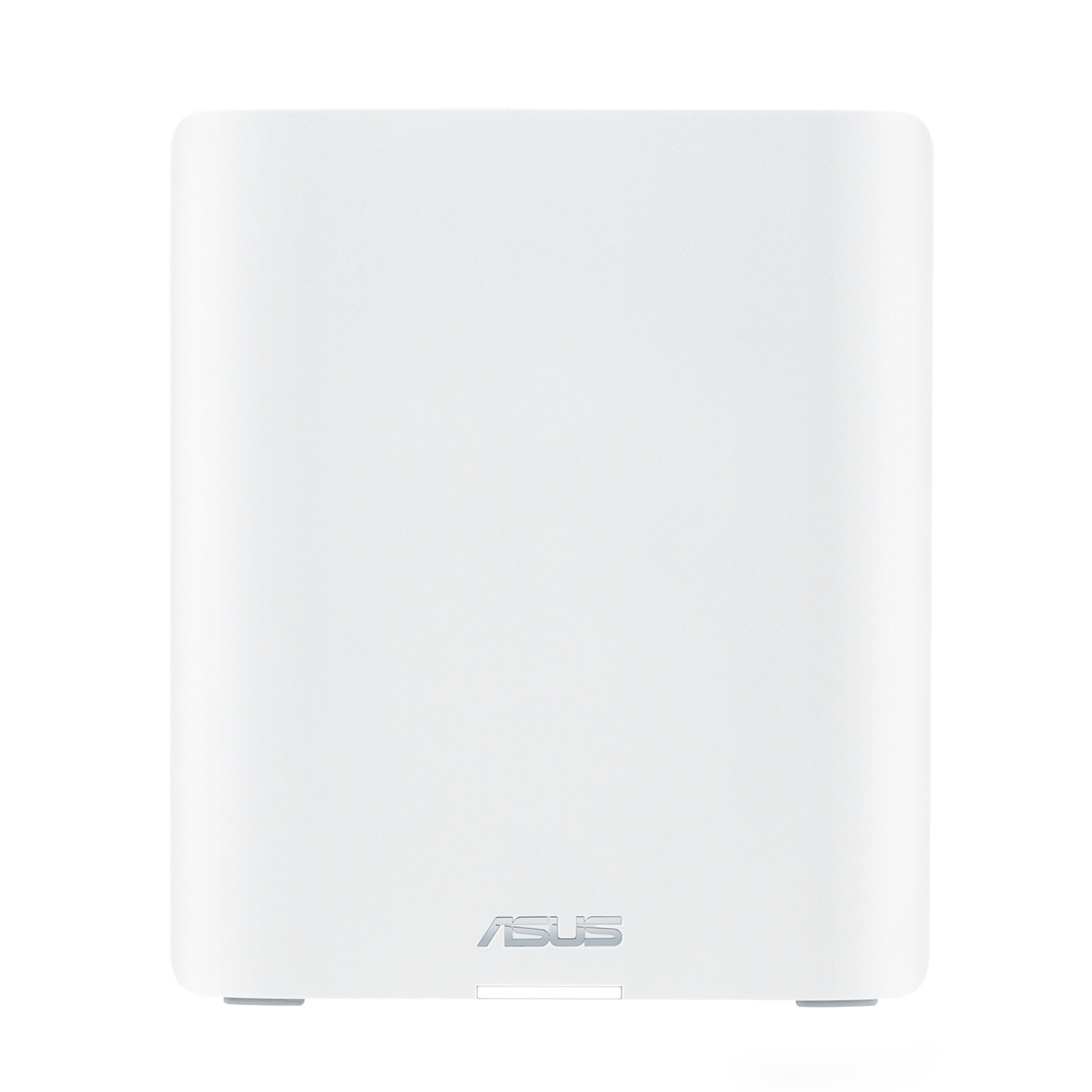 Un appareil ASUS blanc et rectangulaire est centré. Le logo ASUS est en bas. Coins arrondis et petits pieds visibles.