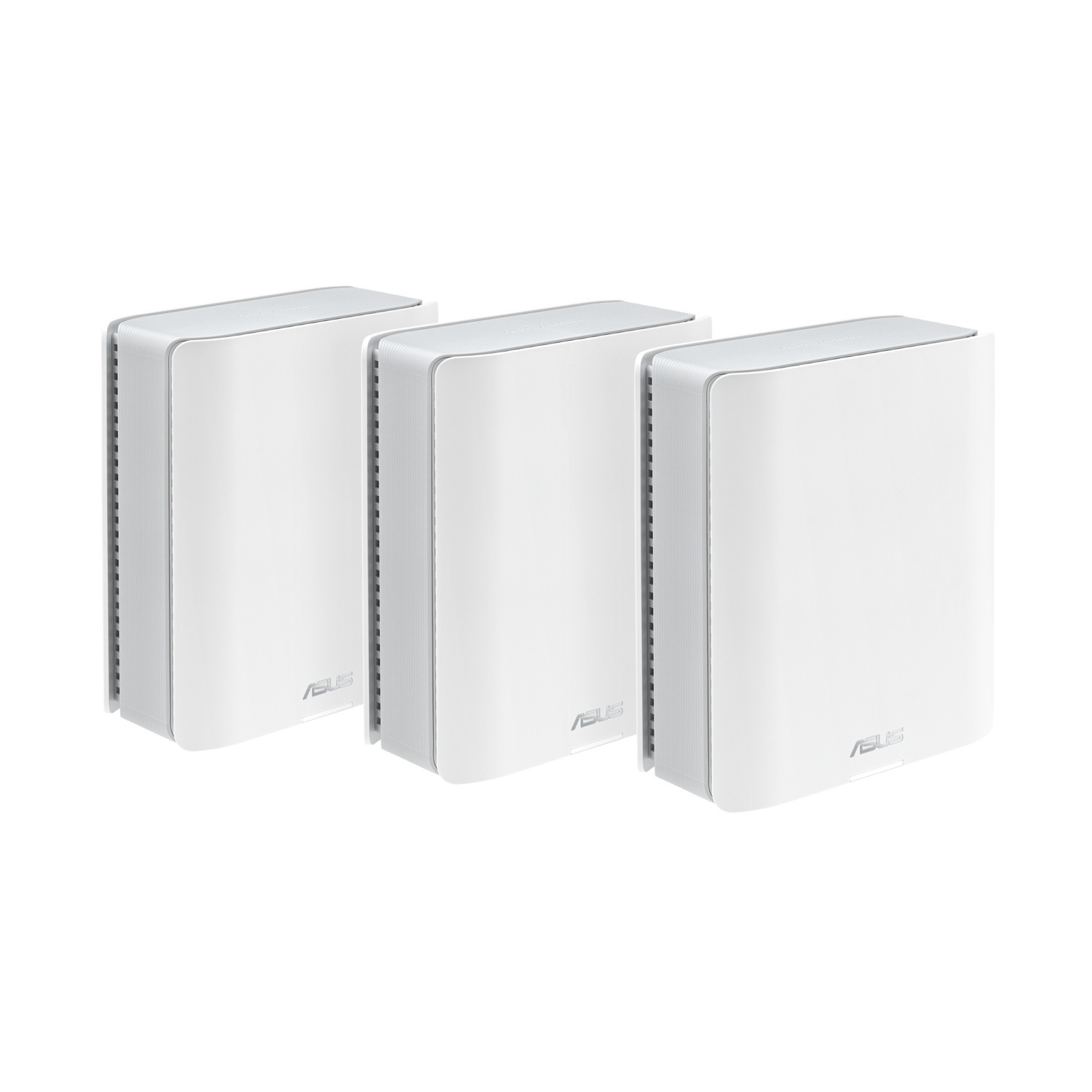 Trois routeurs ASUS blancs sur fond blanc. Chaque routeur a un design rectangulaire avec des bords arrondis et le logo ASUS.