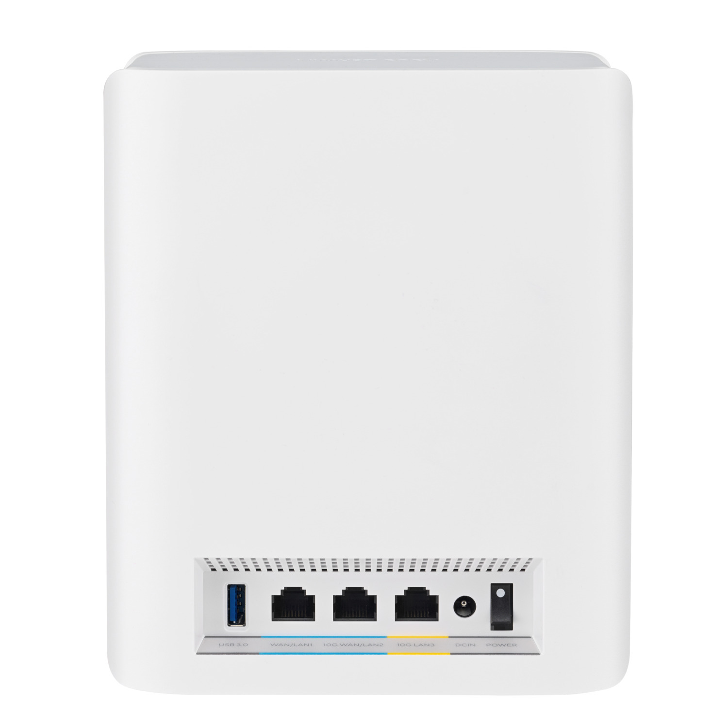 Vue arrière du routeur blanc. Les ports incluent USB, WAN/LAN, 10G WAN/LAN, 10G LAN3, DC IN et interrupteur d'alimentation.