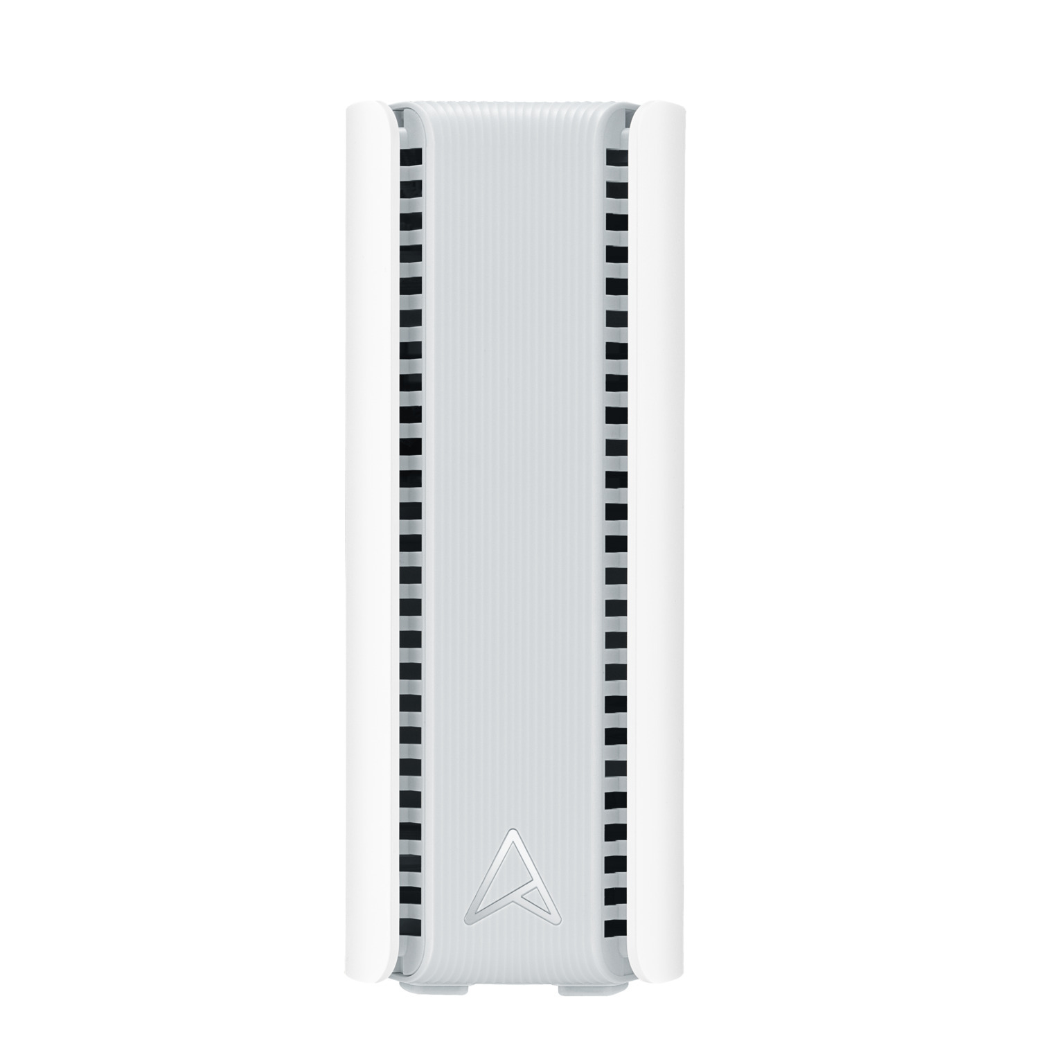 Un appareil vertical blanc et gris avec des fentes noires sur les côtés. Il a un logo en bas.