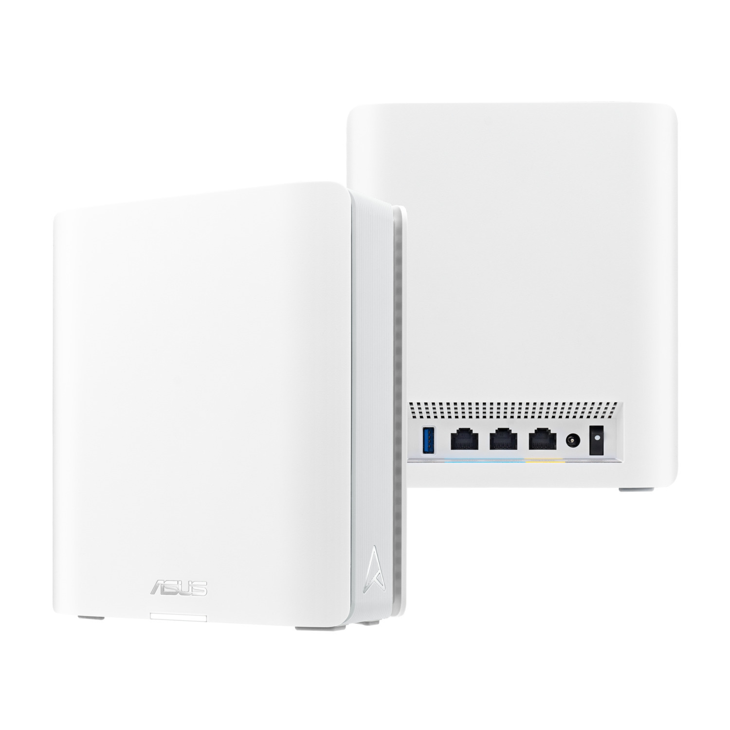 Deux routeurs wifi maillés ASUS blancs sont présentés. L'un montre l'avant avec le logo ASUS, l'autre, l'arrière avec des ports.