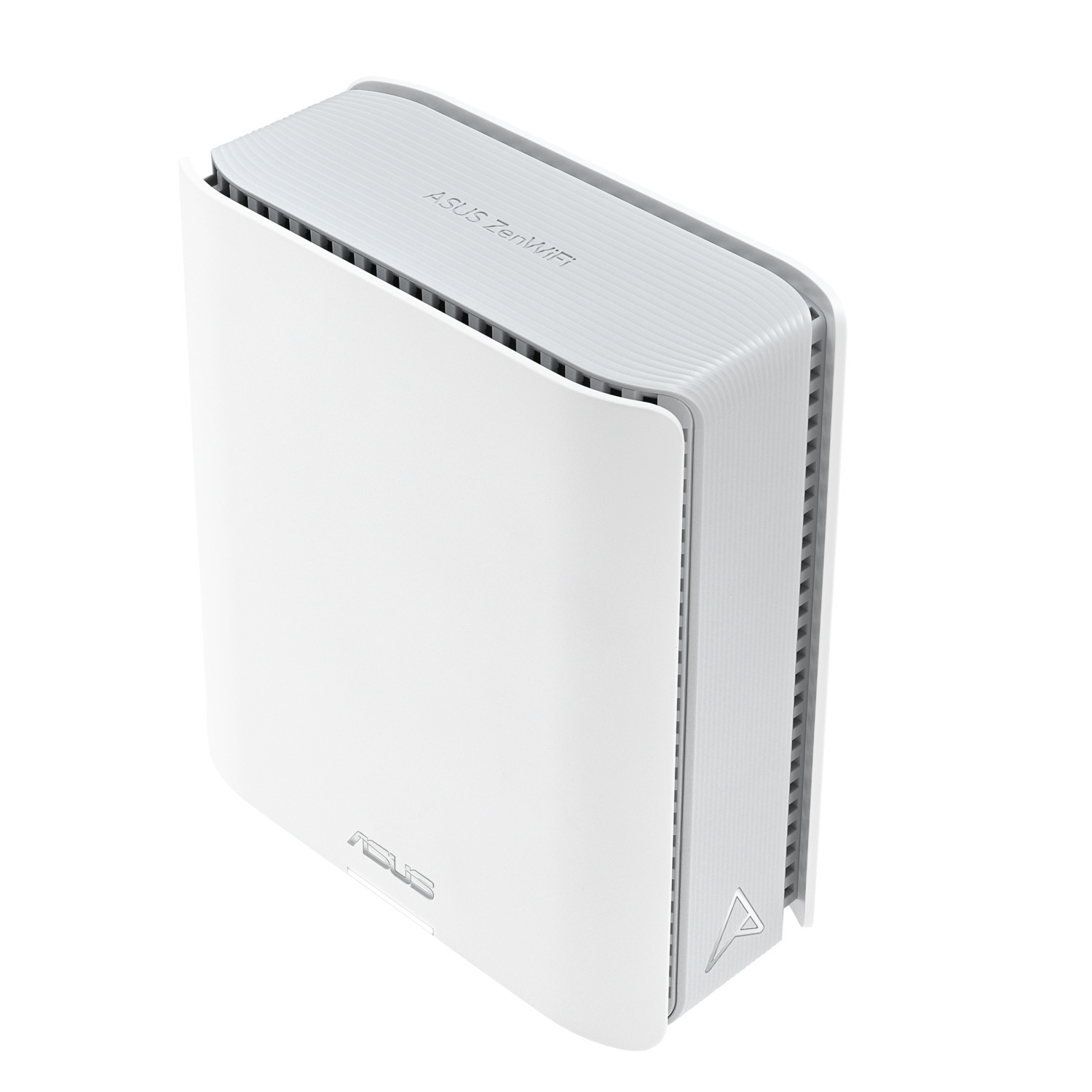 Routeur ASUS ZenWiFi blanc. Le dessus est gris clair avec le texte ASUS ZenWiFi. Les côtés ont des fentes et un logo ASUS.