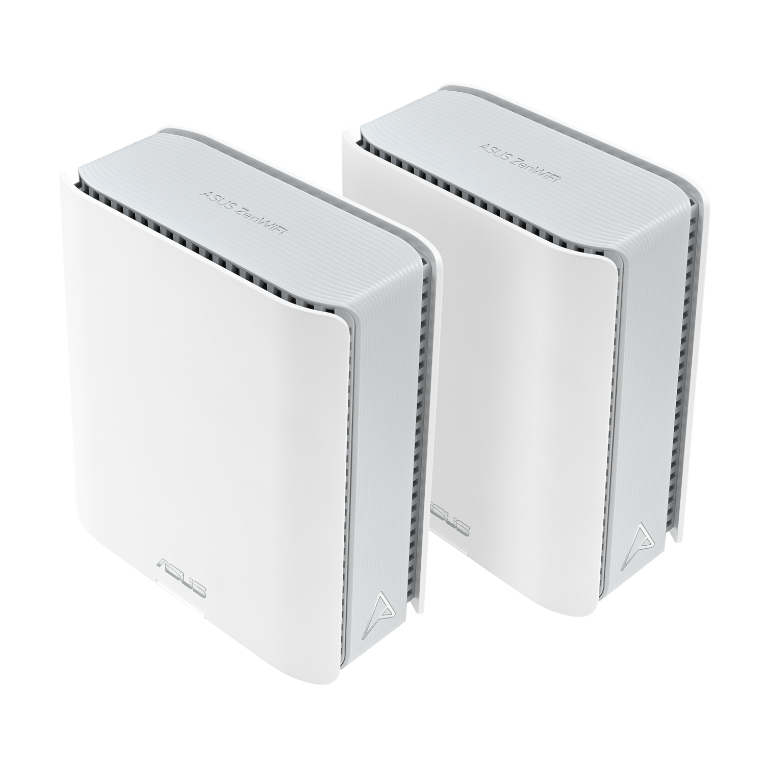 Deux routeurs mesh ASUS ZenWiFi blancs. Chacun a un corps blanc, un dessus gris avec le nom de la marque et le logo ASUS.