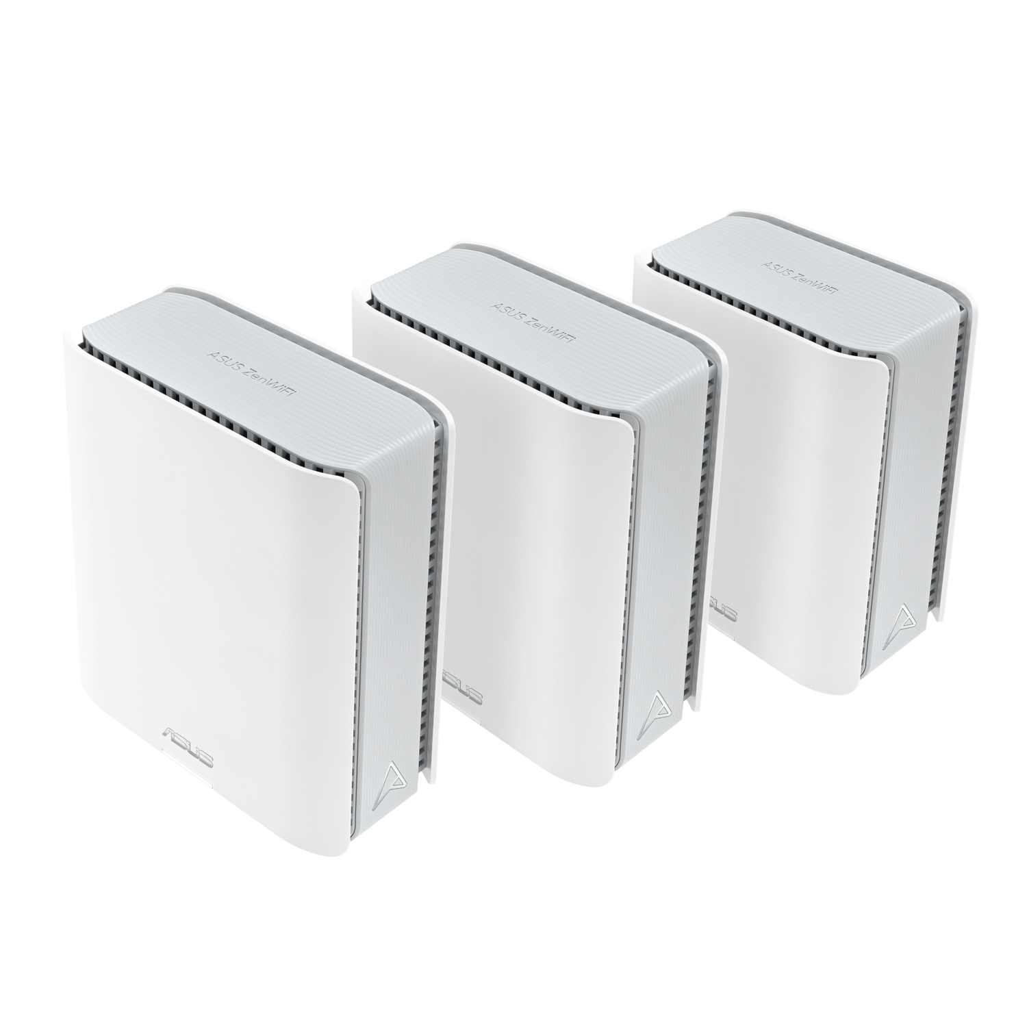 Trois routeurs ASUS ZenWiFi blancs. Chacun a un dessus et des côtés argentés avec le logo ASUS. Ils sont sur fond noir.